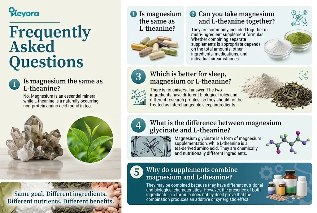 KEYORA comprehensive FAQ infographic titled "Frequently Asked Questions", contrasting mineral crystals with fresh Camellia sinensis tea leaves. It answers five core questions: clarifying that magnesium is an essential mineral whereas L-theanine is a non-protein amino acid; confirming they can be taken together in balanced formulas; explaining that neither is universally "better" for sleep due to differing pathways; differentiating chelated magnesium glycinate from L-theanine; and explaining why multi-ingredient formulas combine broad mineral enzyme support with targeted neurological relaxation. KEYORA comprehensive FAQ infographic titled "Frequently Asked Questions", contrasting mineral crystals with fresh Camellia sinensis tea leaves. It answers five core questions: clarifying that magnesium is an essential mineral whereas L-theanine is a non-protein amino acid; confirming they can be taken together in balanced formulas; explaining that neither is universally "better" for sleep due to differing pathways; differentiating chelated magnesium glycinate from L-theanine; and explaining why multi-ingredient formulas combine broad mineral enzyme support with targeted neurological relaxation.