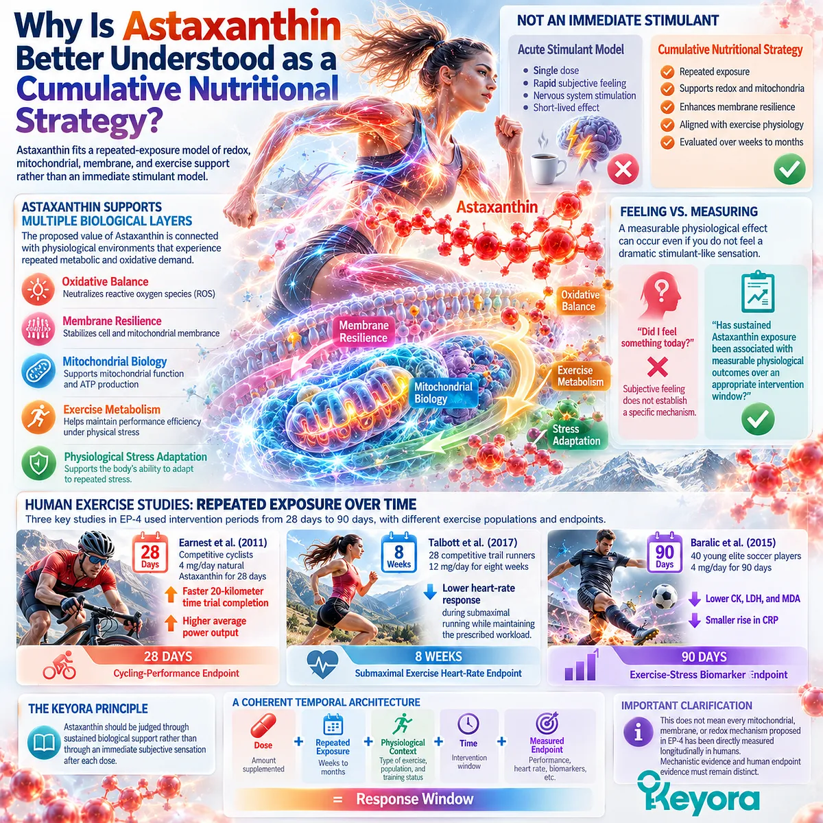 Astaxanthin supports exercise through cumulative redox balance, mitochondrial function and membrane resilience, framing repeated exposure in the Keyora Sustained Nutritional Architecture. Astaxanthin supports exercise through cumulative redox balance, mitochondrial function and membrane resilience, framing repeated exposure in the Keyora Sustained Nutritional Architecture.