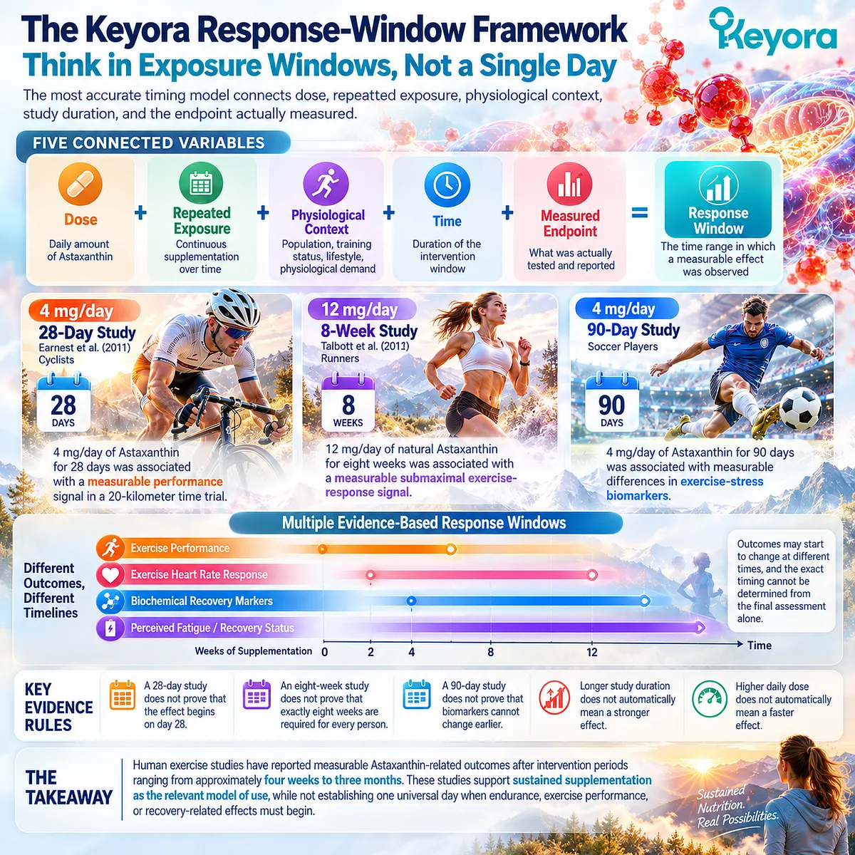 Astaxanthin exercise response windows link dose, repeated exposure, physiological context, time and measured endpoints through the Keyora Response-Window Framework. Astaxanthin exercise response windows link dose, repeated exposure, physiological context, time and measured endpoints through the Keyora Response-Window Framework.