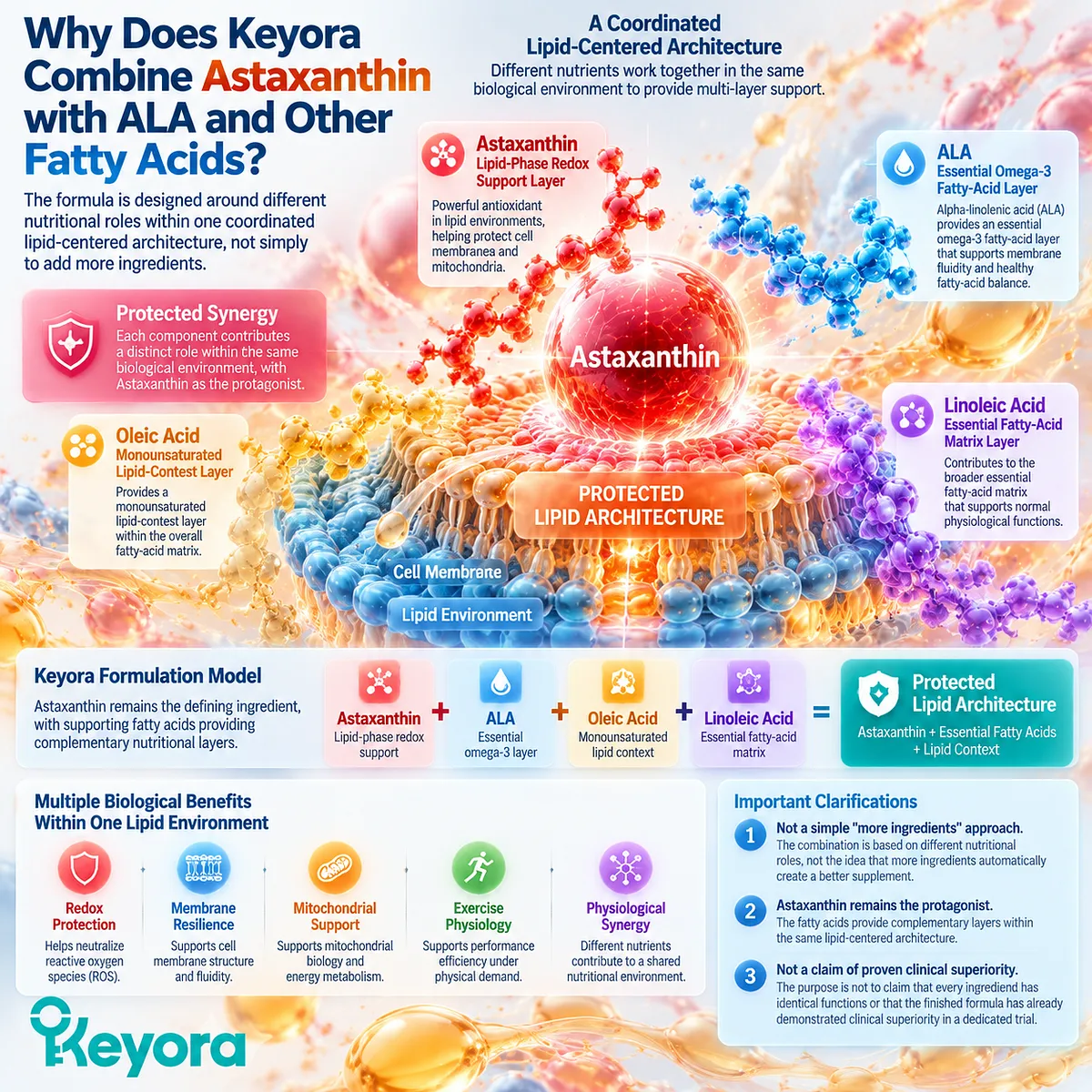 Astaxanthin and fatty acids support a lipid-centered nutritional architecture, combining redox balance, omega-3 ALA, and lipid context through the Keyora Protected Synergy Framework. Astaxanthin and fatty acids support a lipid-centered nutritional architecture, combining redox balance, omega-3 ALA, and lipid context through the Keyora Protected Synergy Framework.
