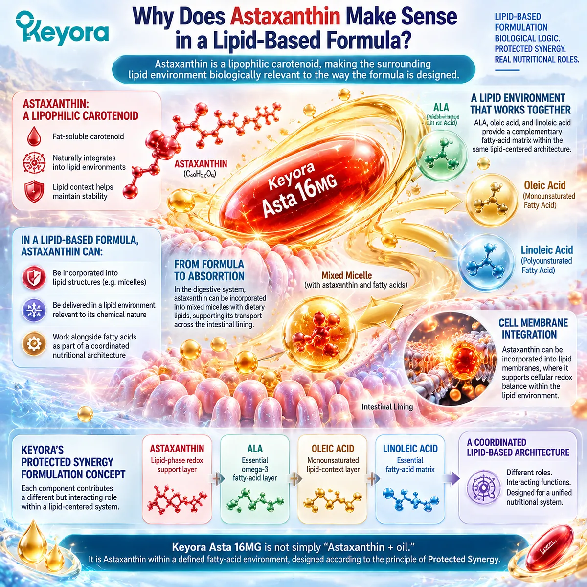 Astaxanthin lipid-based formula design connects fat-soluble carotenoid chemistry with fatty-acid environment through the Keyora Protected Synergy Framework. Astaxanthin lipid-based formula design connects fat-soluble carotenoid chemistry with fatty-acid environment through the Keyora Protected Synergy Framework.