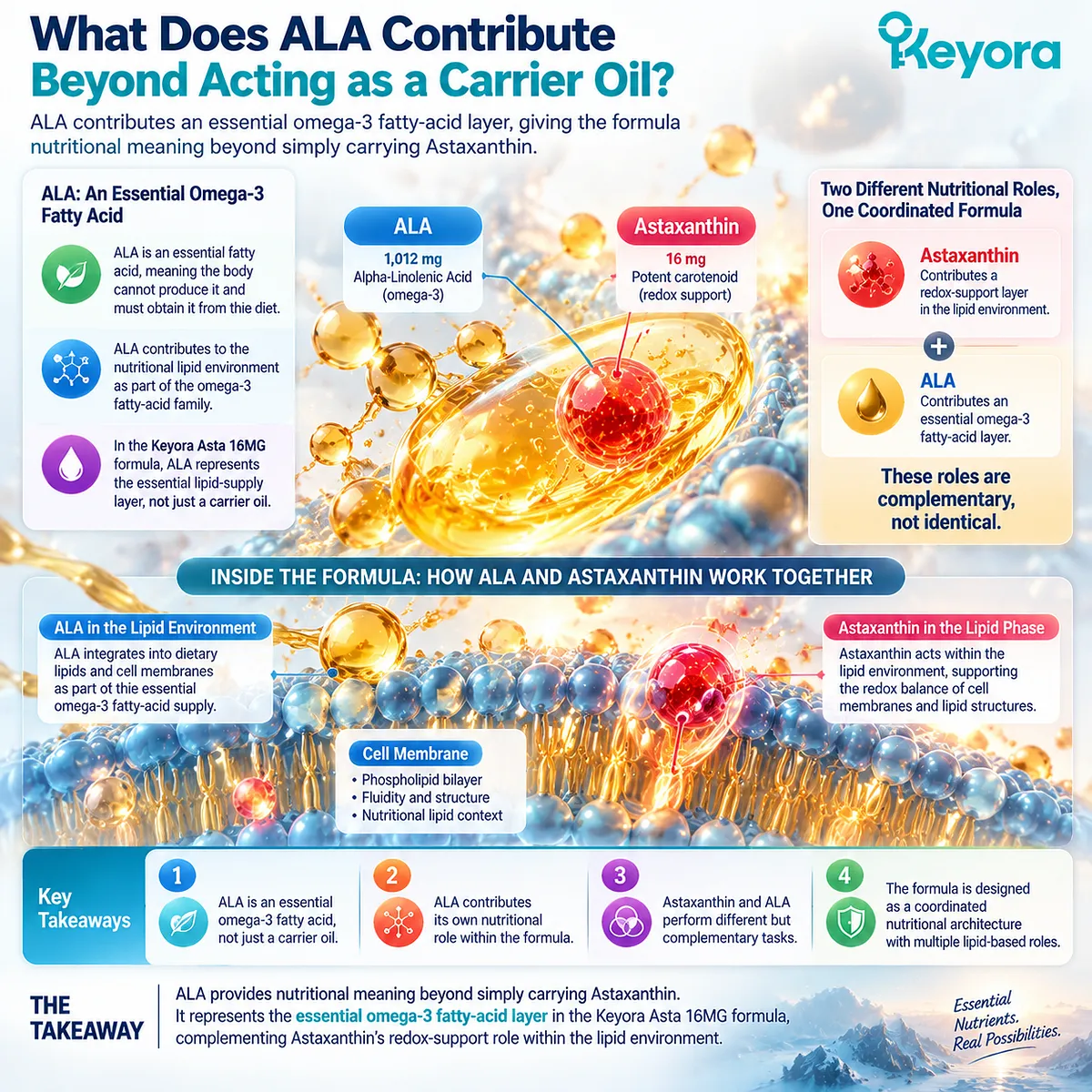 ALA omega-3 fatty acid contributes an essential lipid layer alongside Astaxanthin redox support, defining complementary roles in the Keyora Protected Synergy Framework. ALA omega-3 fatty acid contributes an essential lipid layer alongside Astaxanthin redox support, defining complementary roles in the Keyora Protected Synergy Framework.