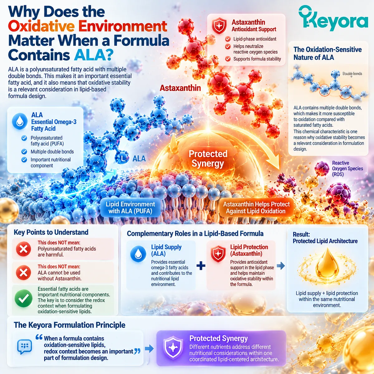 ALA polyunsaturated omega-3 fatty acid and Astaxanthin antioxidant support connect lipid nutrition with oxidative balance in the Keyora Protected Synergy Framework. ALA polyunsaturated omega-3 fatty acid and Astaxanthin antioxidant support connect lipid nutrition with oxidative balance in the Keyora Protected Synergy Framework.