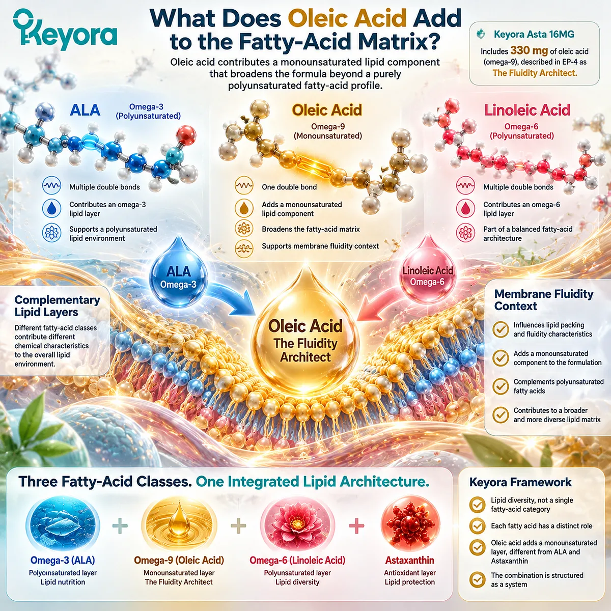 Oleic acid monounsaturated fatty acid adds lipid diversity and membrane-context support alongside ALA and Astaxanthin in the Keyora Protected Synergy Framework. Oleic acid monounsaturated fatty acid adds lipid diversity and membrane-context support alongside ALA and Astaxanthin in the Keyora Protected Synergy Framework.