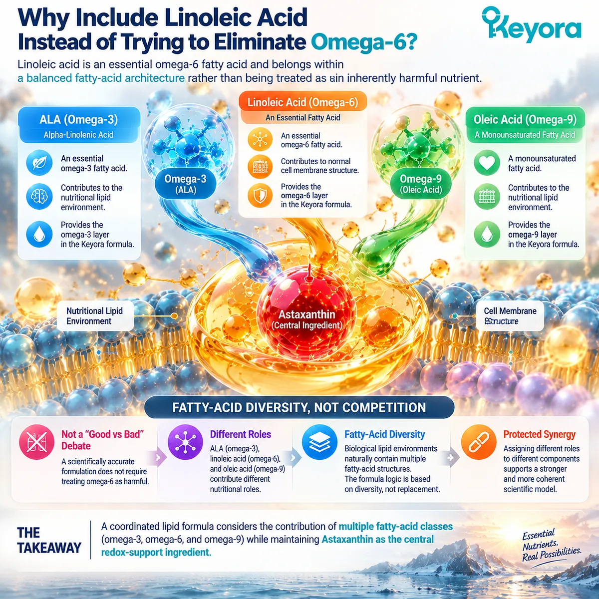 Linoleic acid omega-6 fatty acid adds lipid diversity with ALA omega-3 and oleic acid omega-9, supporting the Keyora Protected Synergy Framework. Linoleic acid omega-6 fatty acid adds lipid diversity with ALA omega-3 and oleic acid omega-9, supporting the Keyora Protected Synergy Framework.