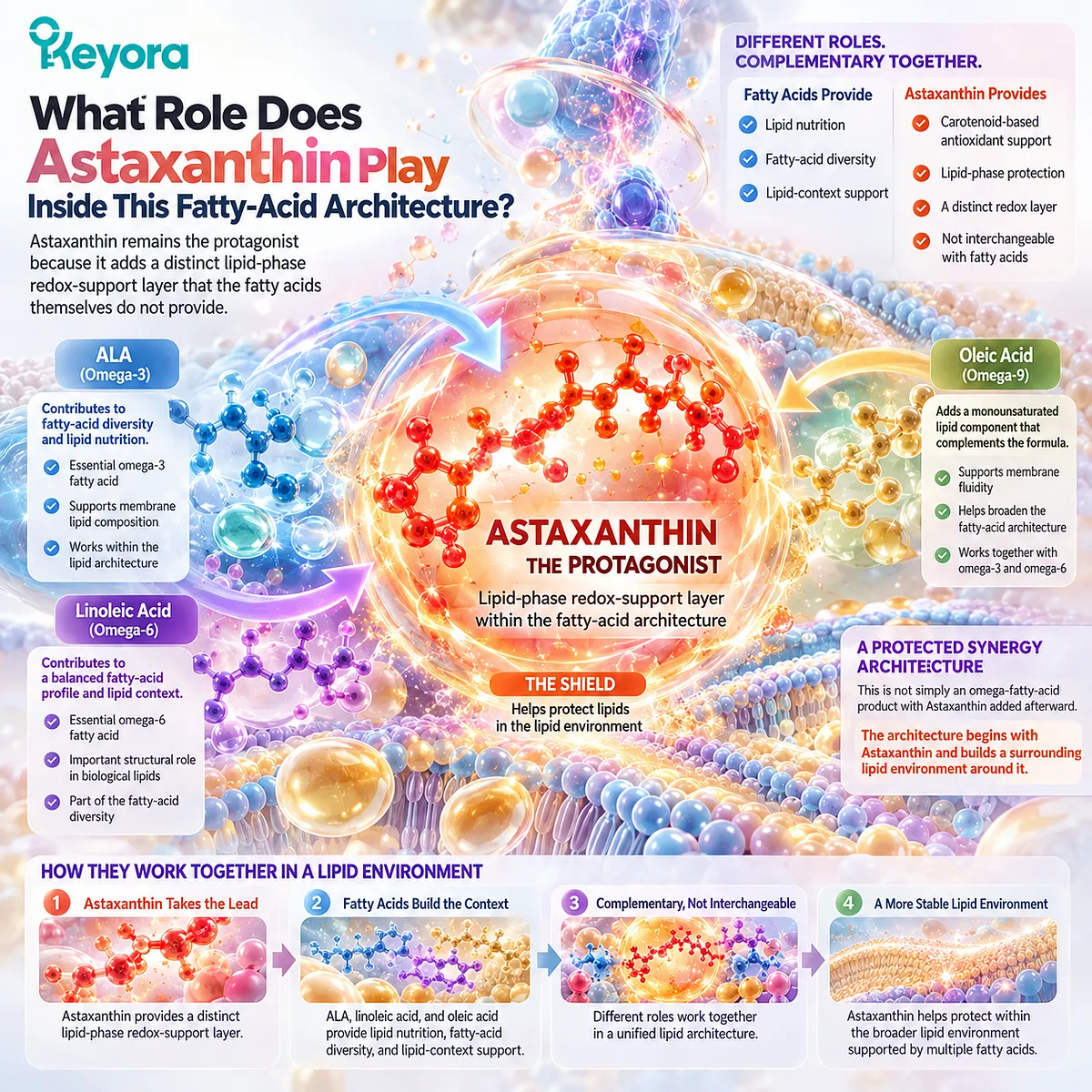 Astaxanthin antioxidant support provides the central lipid-phase redox layer, while omega fatty acids add nutritional context in the Keyora Protected Synergy Framework. Astaxanthin antioxidant support provides the central lipid-phase redox layer, while omega fatty acids add nutritional context in the Keyora Protected Synergy Framework.