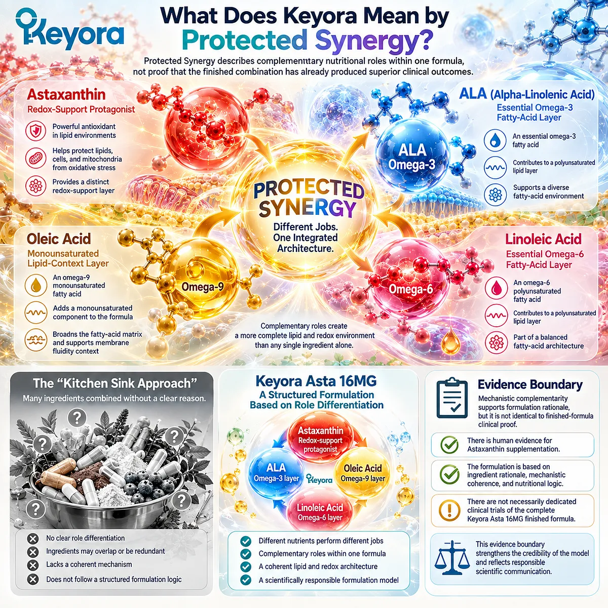 Astaxanthin redox support, ALA omega-3, oleic acid and linoleic acid form complementary nutritional roles in the Keyora Protected Synergy Framework. Astaxanthin redox support, ALA omega-3, oleic acid and linoleic acid form complementary nutritional roles in the Keyora Protected Synergy Framework.