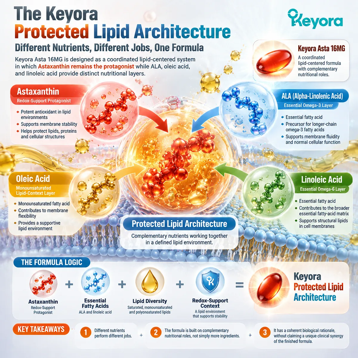 Astaxanthin redox support combines with ALA omega-3, oleic acid and linoleic acid diversity in the Keyora Protected Lipid Architecture for coordinated lipid nutrition. Astaxanthin redox support combines with ALA omega-3, oleic acid and linoleic acid diversity in the Keyora Protected Lipid Architecture for coordinated lipid nutrition.