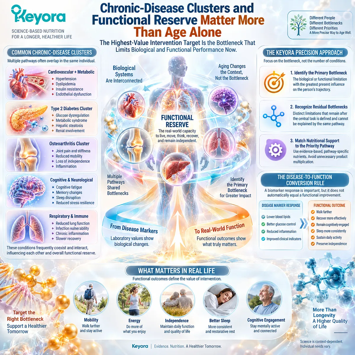 Healthy aging nutrition links chronic-disease clusters with functional reserve to identify priority bottlenecks through Keyora Aging Population Precision Bottleneck Map. Healthy aging nutrition links chronic-disease clusters with functional reserve to identify priority bottlenecks through Keyora Aging Population Precision Bottleneck Map.