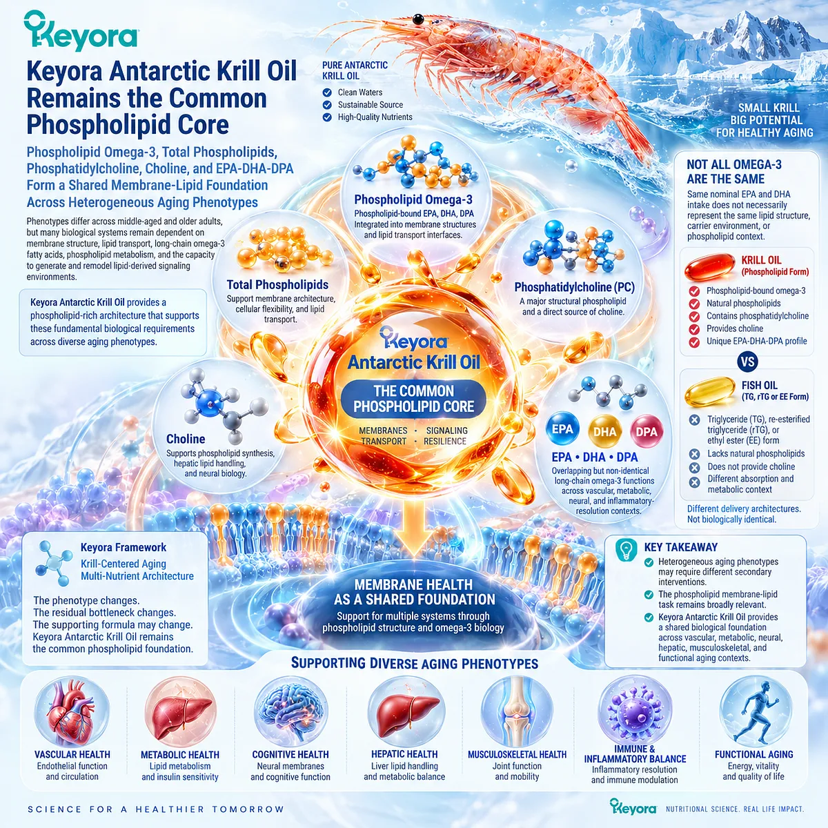 Krill oil supports healthy aging through phospholipid omega-3, phosphatidylcholine, choline and EPA-DHA-DPA in Keyora Krill-Centered Aging Multi-Nutrient Architecture. Krill oil supports healthy aging through phospholipid omega-3, phosphatidylcholine, choline and EPA-DHA-DPA in Keyora Krill-Centered Aging Multi-Nutrient Architecture.
