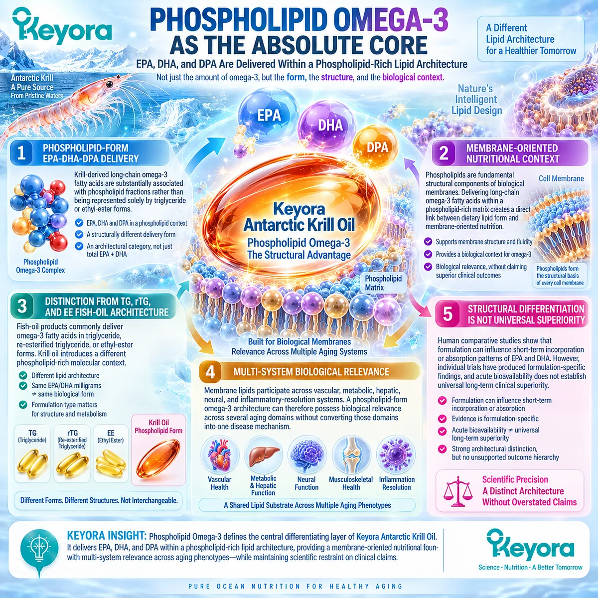 Phospholipid Omega-3 delivers EPA, DHA and DPA in a membrane-oriented lipid matrix distinct from TG, rTG and EE fish oil within Keyora The Phospholipid Aging-Lipid Architecture. Phospholipid Omega-3 delivers EPA, DHA and DPA in a membrane-oriented lipid matrix distinct from TG, rTG and EE fish oil within Keyora The Phospholipid Aging-Lipid Architecture.