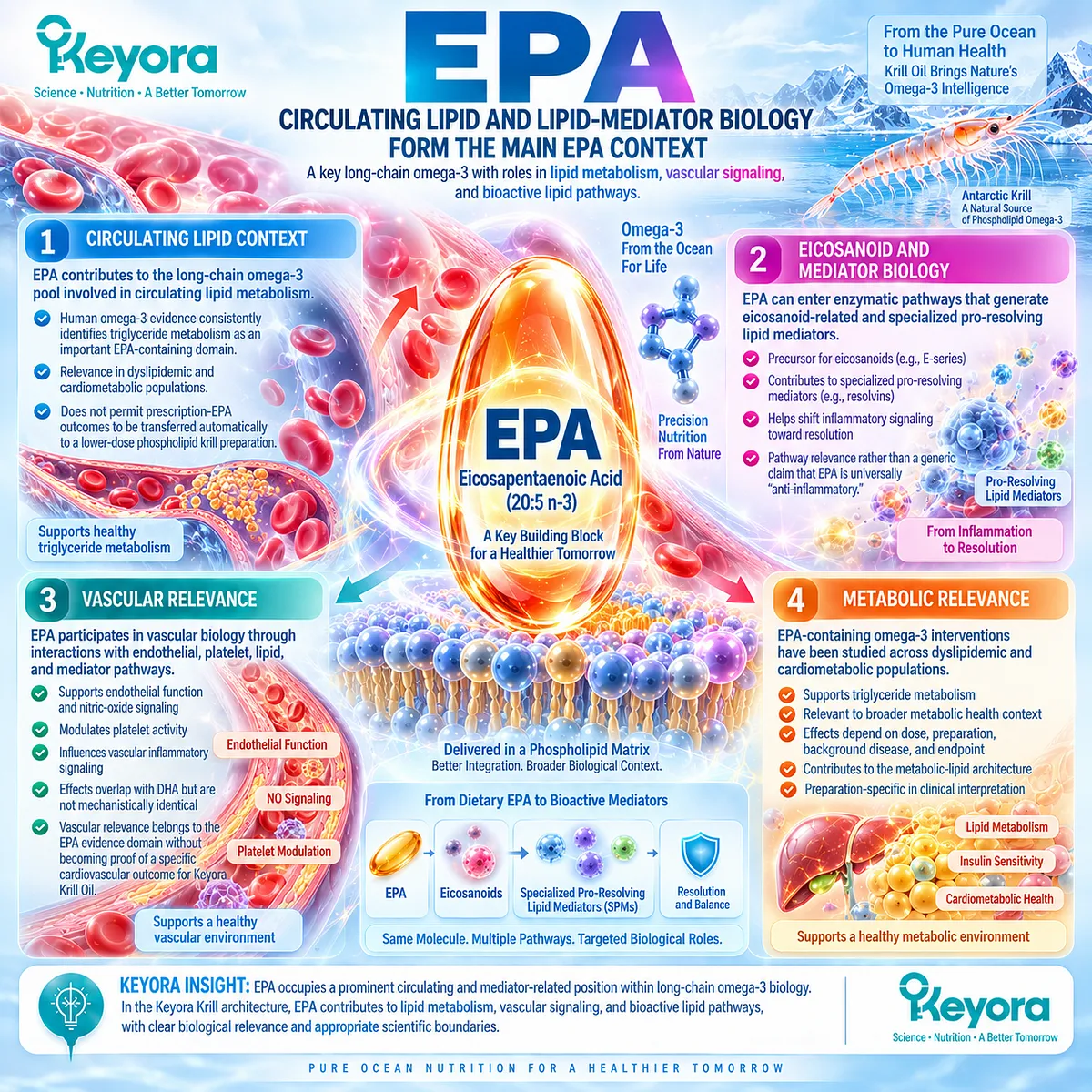 EPA supports triglyceride metabolism, vascular signaling and pro-resolving lipid-mediator pathways within Keyora The Phospholipid Aging-Lipid Architecture. EPA supports triglyceride metabolism, vascular signaling and pro-resolving lipid-mediator pathways within Keyora The Phospholipid Aging-Lipid Architecture.