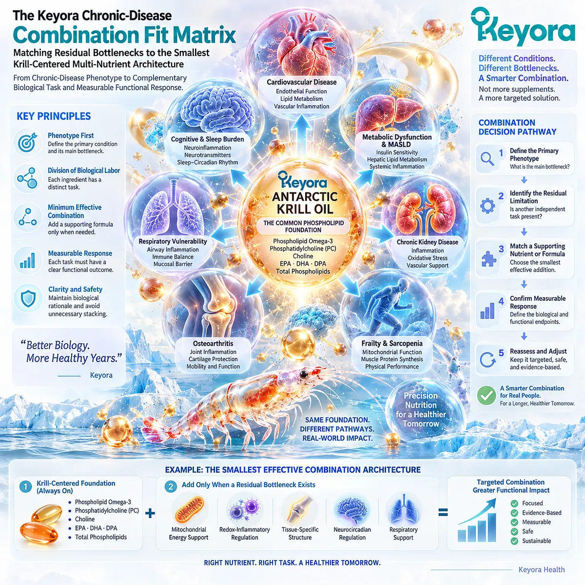 Chronic disease nutrition links Phospholipid Omega-3 membrane support with residual biological bottlenecks through the Keyora Chronic-Disease Combination Fit Matrix. Chronic disease nutrition links Phospholipid Omega-3 membrane support with residual biological bottlenecks through the Keyora Chronic-Disease Combination Fit Matrix.