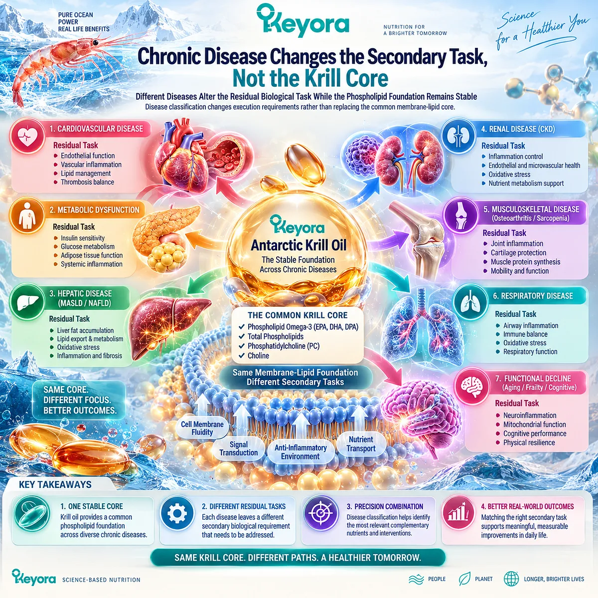 Chronic disease nutrition keeps Phospholipid Omega-3 as the membrane-lipid core while mapping phenotype-specific residual tasks through the Keyora Chronic-Disease Combination Fit Matrix. Chronic disease nutrition keeps Phospholipid Omega-3 as the membrane-lipid core while mapping phenotype-specific residual tasks through the Keyora Chronic-Disease Combination Fit Matrix.