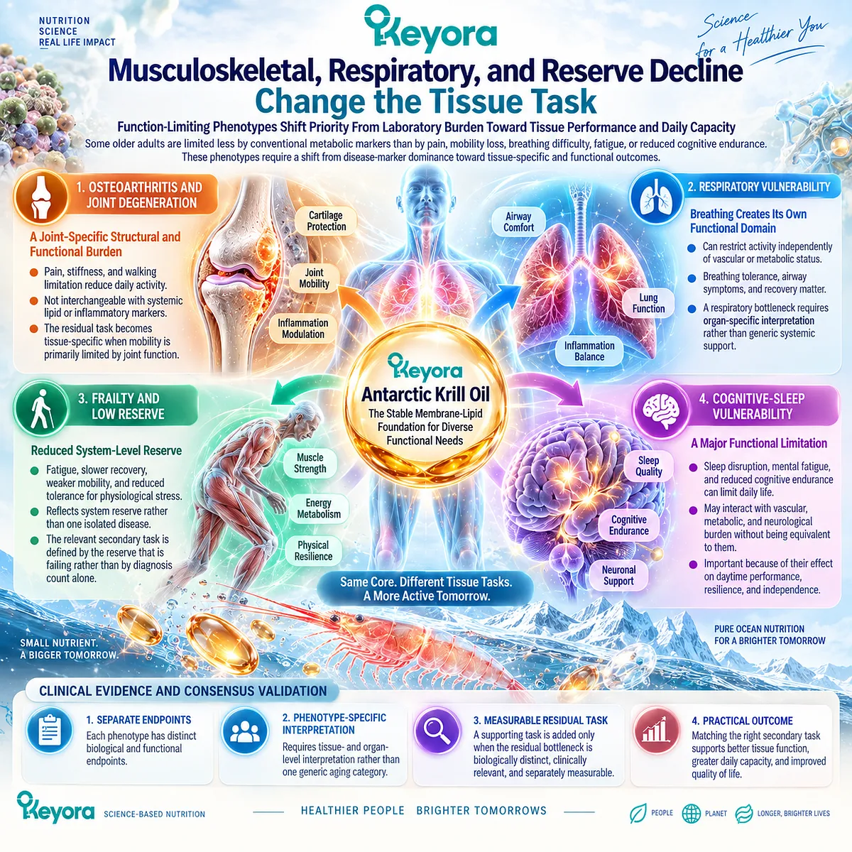Healthy aging links joint mobility, respiratory function, frailty, sleep quality, and cognitive endurance to tissue-specific tasks in the Keyora Chronic-Disease Combination Fit Matrix. Healthy aging links joint mobility, respiratory function, frailty, sleep quality, and cognitive endurance to tissue-specific tasks in the Keyora Chronic-Disease Combination Fit Matrix.