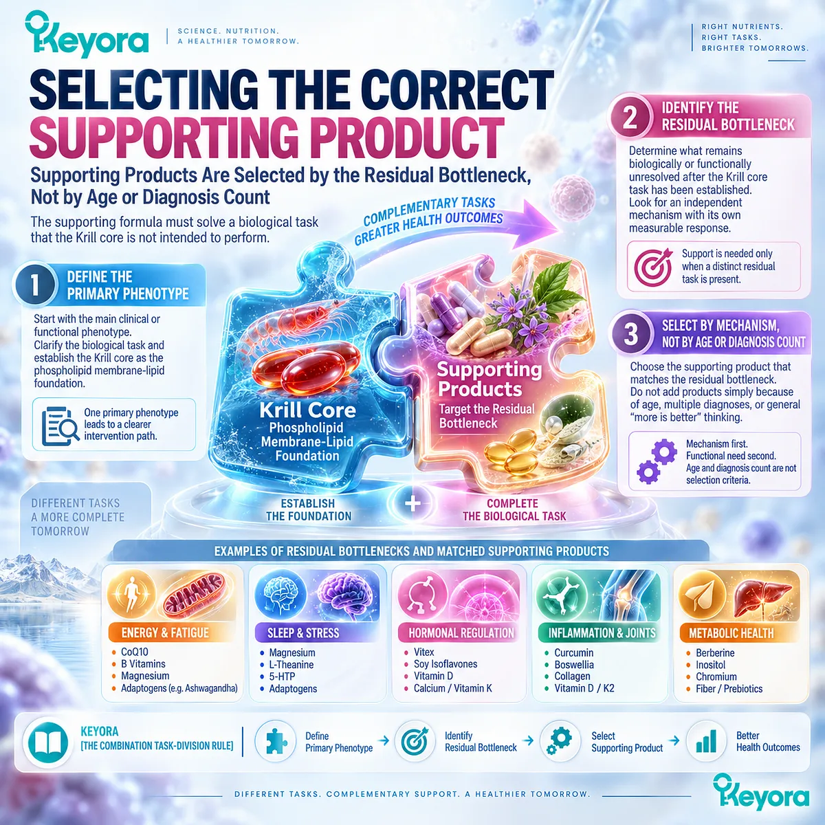 Multi-nutrient support pairs a Phospholipid Omega-3 core with mechanism-matched nutrition only for distinct residual bottlenecks under the Keyora Combination Task-Division Rule. Multi-nutrient support pairs a Phospholipid Omega-3 core with mechanism-matched nutrition only for distinct residual bottlenecks under the Keyora Combination Task-Division Rule.