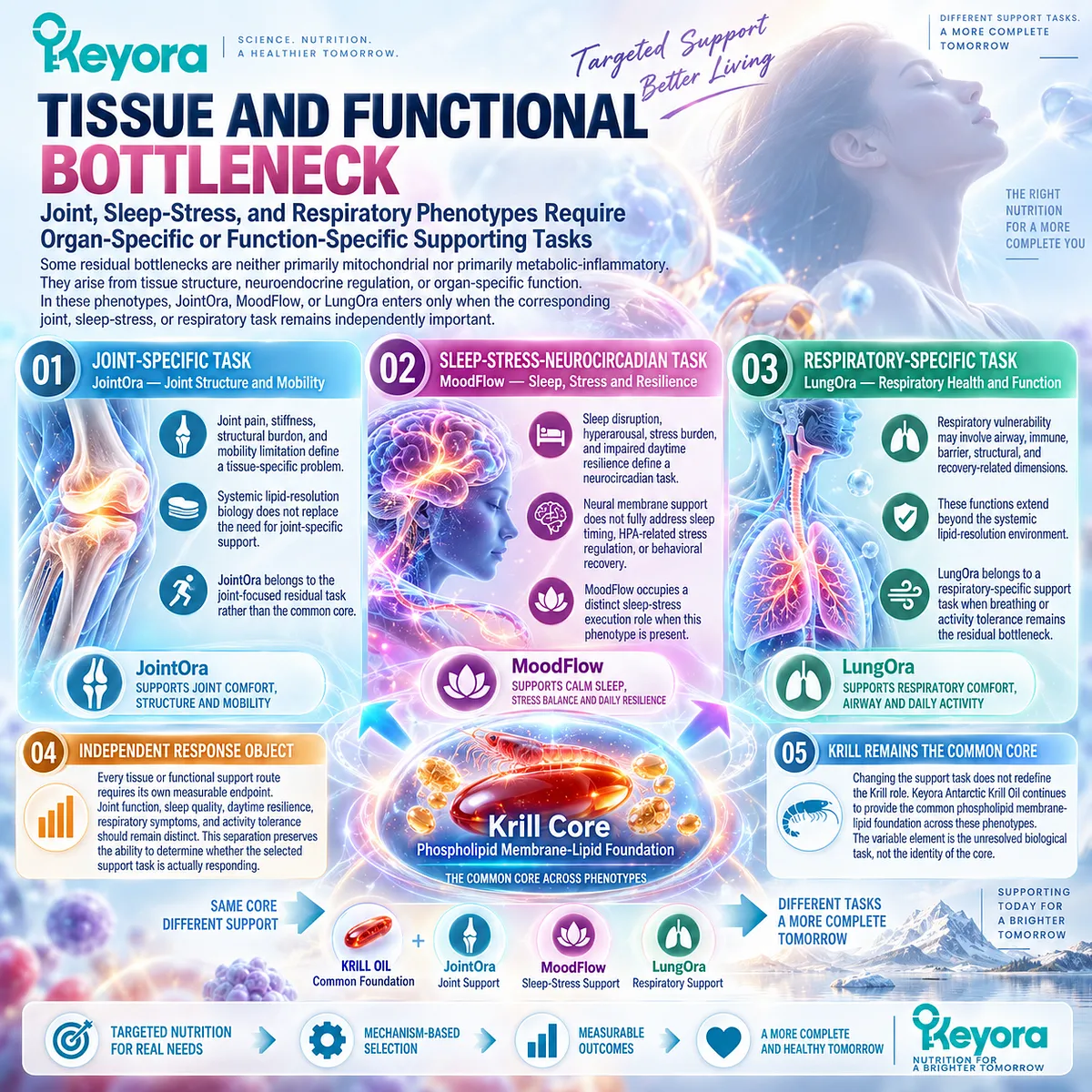 Joint comfort, sleep quality, stress regulation, and respiratory function map to tissue-specific support while Phospholipid Omega-3 remains the Keyora common core. Joint comfort, sleep quality, stress regulation, and respiratory function map to tissue-specific support while Phospholipid Omega-3 remains the Keyora common core.