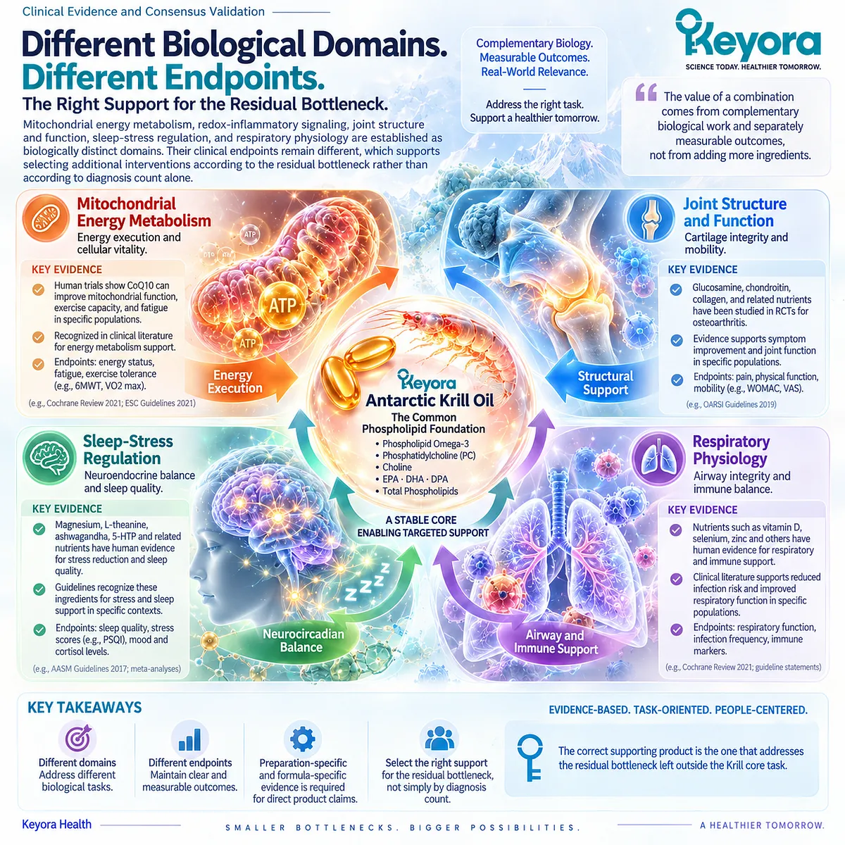 Multi-nutrient support maps mitochondrial energy, redox-inflammatory balance, joints, sleep-stress, and respiratory function to residual bottlenecks in the Keyora framework. Multi-nutrient support maps mitochondrial energy, redox-inflammatory balance, joints, sleep-stress, and respiratory function to residual bottlenecks in the Keyora framework.