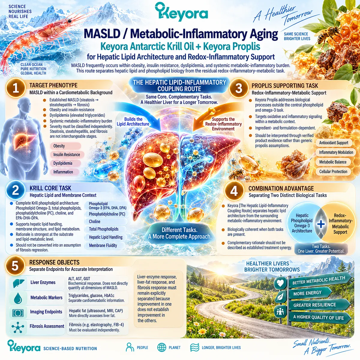 MASLD nutrition links Phospholipid Omega-3 hepatic lipid architecture with redox-inflammatory support through Keyora’s Hepatic Lipid-Inflammatory Coupling Route. MASLD nutrition links Phospholipid Omega-3 hepatic lipid architecture with redox-inflammatory support through Keyora’s Hepatic Lipid-Inflammatory Coupling Route.