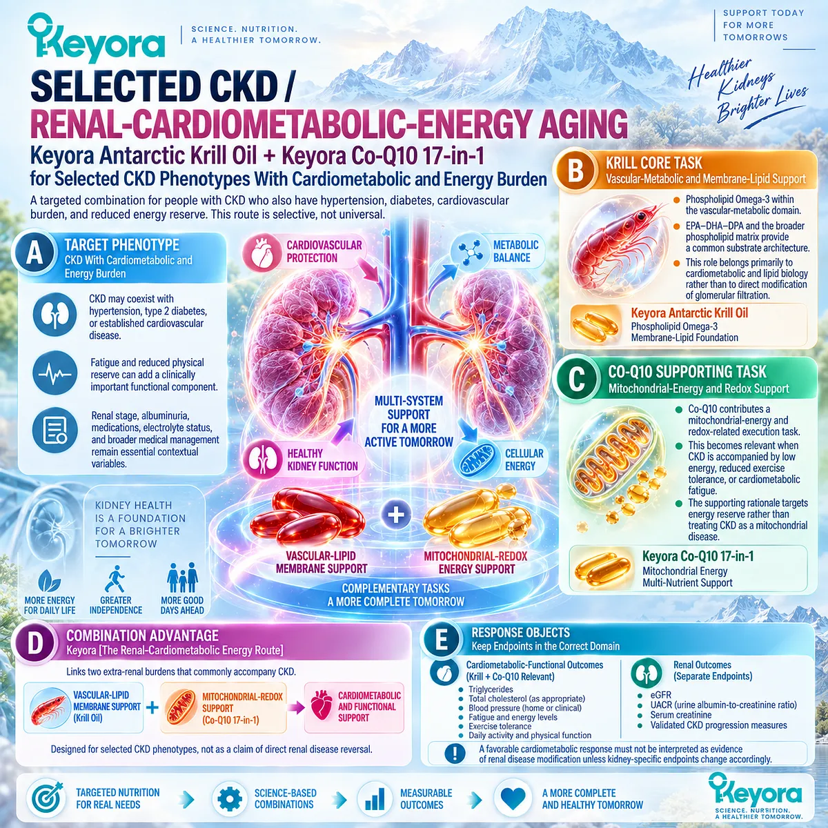 CKD nutrition links Phospholipid Omega-3 cardiometabolic support with CoQ10 mitochondrial energy and redox balance in Keyora’s Renal-Cardiometabolic Energy Route. CKD nutrition links Phospholipid Omega-3 cardiometabolic support with CoQ10 mitochondrial energy and redox balance in Keyora’s Renal-Cardiometabolic Energy Route.