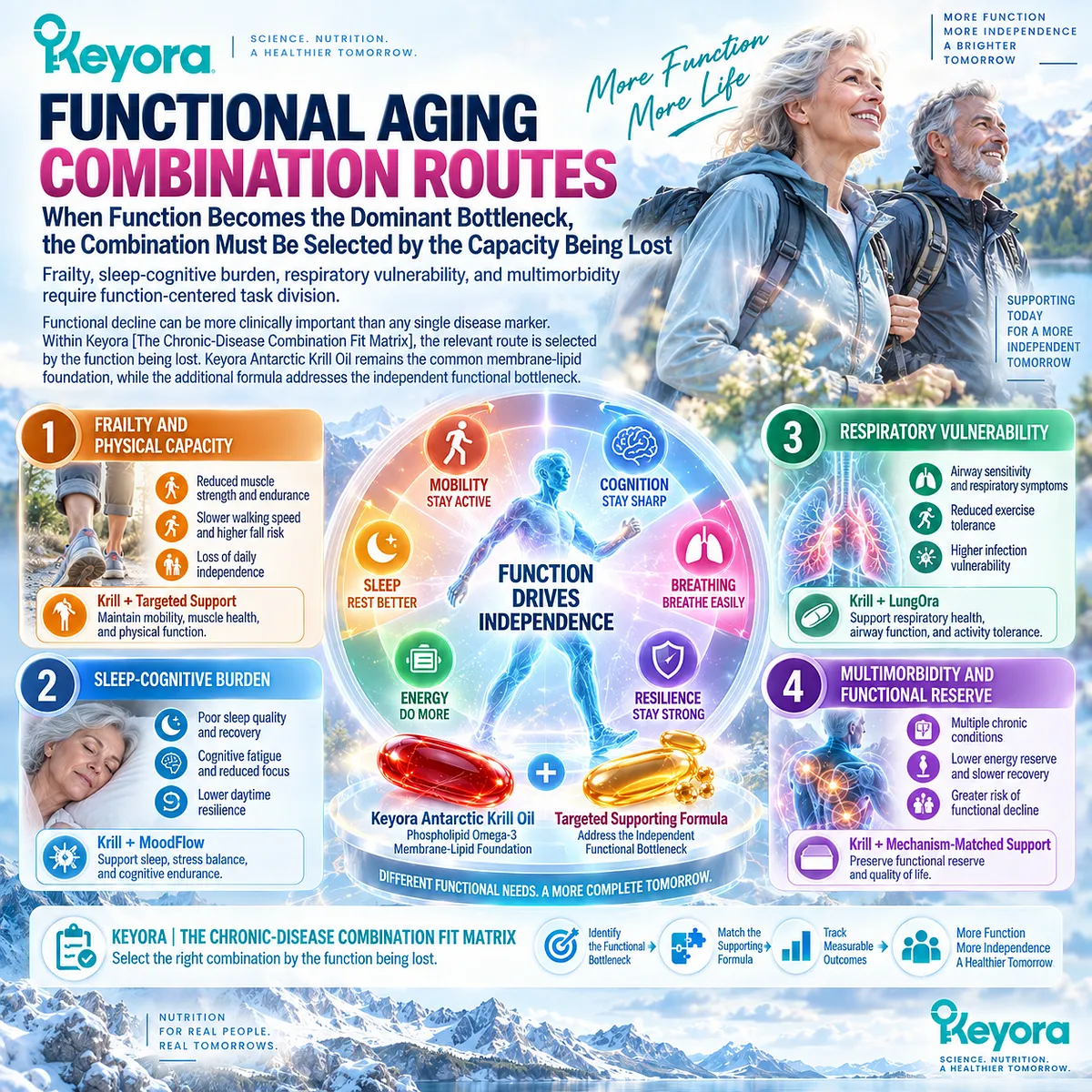 Healthy aging pairs Phospholipid Omega-3 membrane support with targeted nutrition for frailty, sleep, cognition, mobility, and breathing in Keyora’s Combination Fit Matrix. Healthy aging pairs Phospholipid Omega-3 membrane support with targeted nutrition for frailty, sleep, cognition, mobility, and breathing in Keyora’s Combination Fit Matrix.