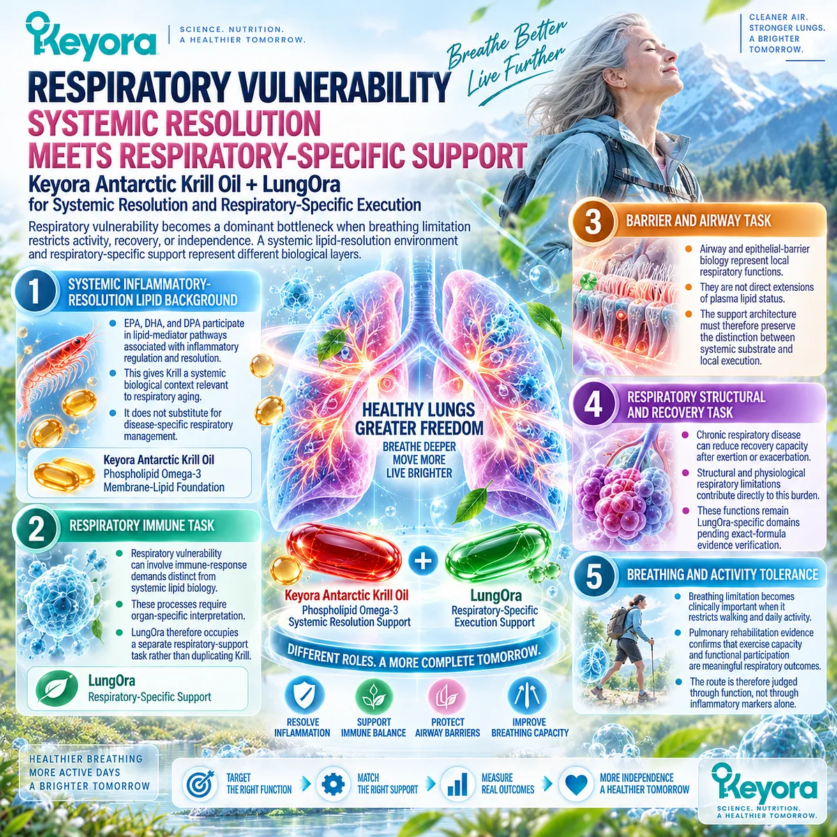 Respiratory wellness links EPA-DHA-DPA inflammatory-resolution pathways with airway, barrier, immune, and breathing support in Keyora’s Krill plus LungOra architecture. Respiratory wellness links EPA-DHA-DPA inflammatory-resolution pathways with airway, barrier, immune, and breathing support in Keyora’s Krill plus LungOra architecture.