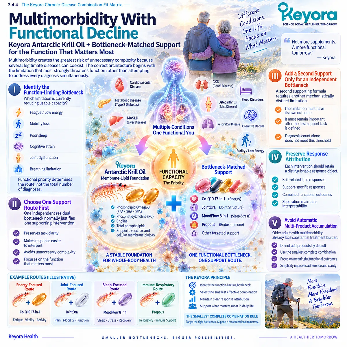 Multimorbidity nutrition prioritizes fatigue, mobility, sleep, cognition, joints, or breathing before adding support under Keyora’s Smallest Complete Combination Rule. Multimorbidity nutrition prioritizes fatigue, mobility, sleep, cognition, joints, or breathing before adding support under Keyora’s Smallest Complete Combination Rule.