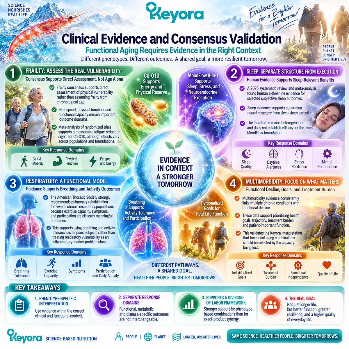 Functional aging evidence links frailty, fatigue, sleep quality, and respiratory capacity to distinct measurable outcomes within Keyora’s Chronic-Disease Combination Fit Matrix. Functional aging evidence links frailty, fatigue, sleep quality, and respiratory capacity to distinct measurable outcomes within Keyora’s Chronic-Disease Combination Fit Matrix.