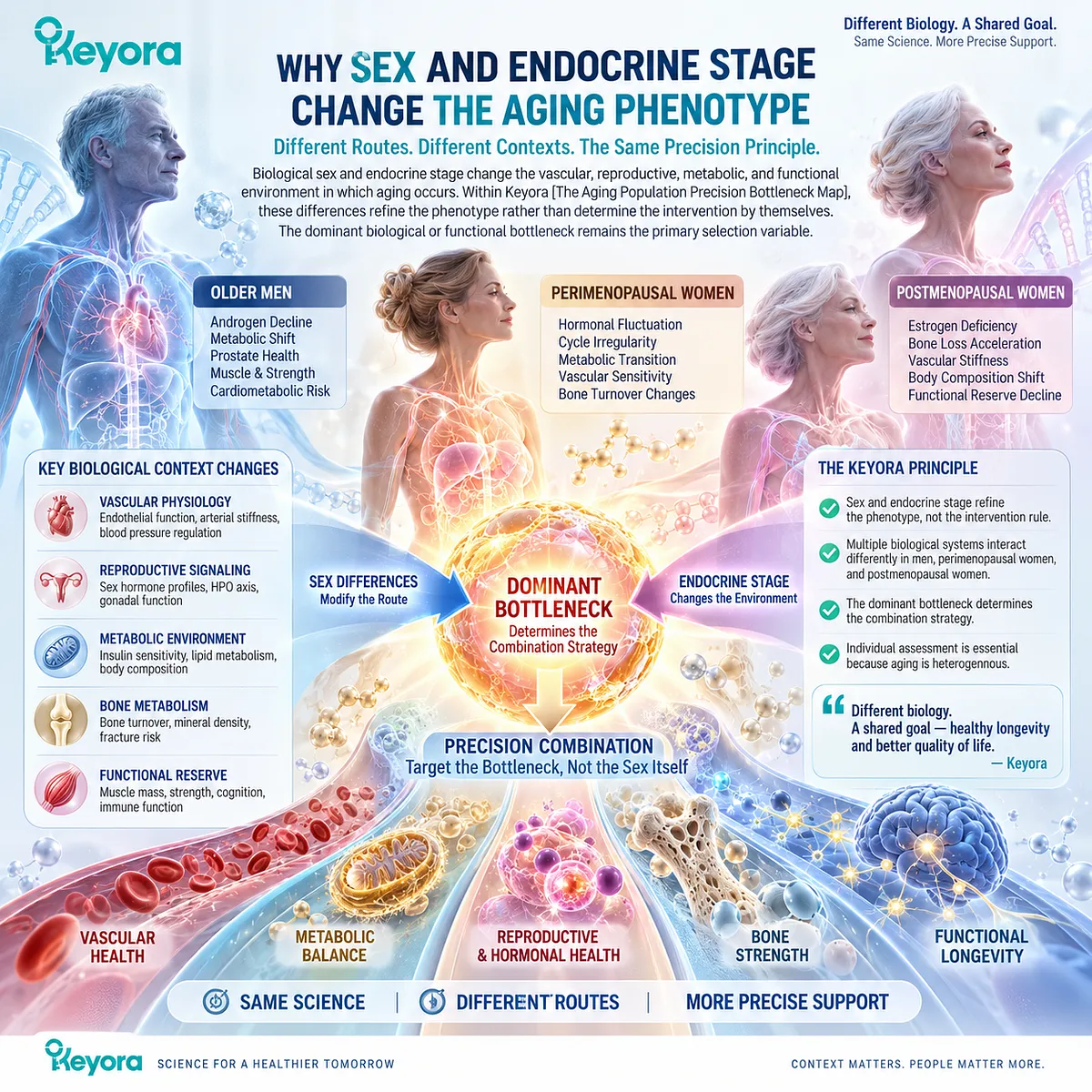 Aging wellness varies with sex and endocrine stage through vascular, metabolic and reproductive biology; Keyora Precision Bottleneck Map links phenotype to support strategy. Aging wellness varies with sex and endocrine stage through vascular, metabolic and reproductive biology; Keyora Precision Bottleneck Map links phenotype to support strategy.