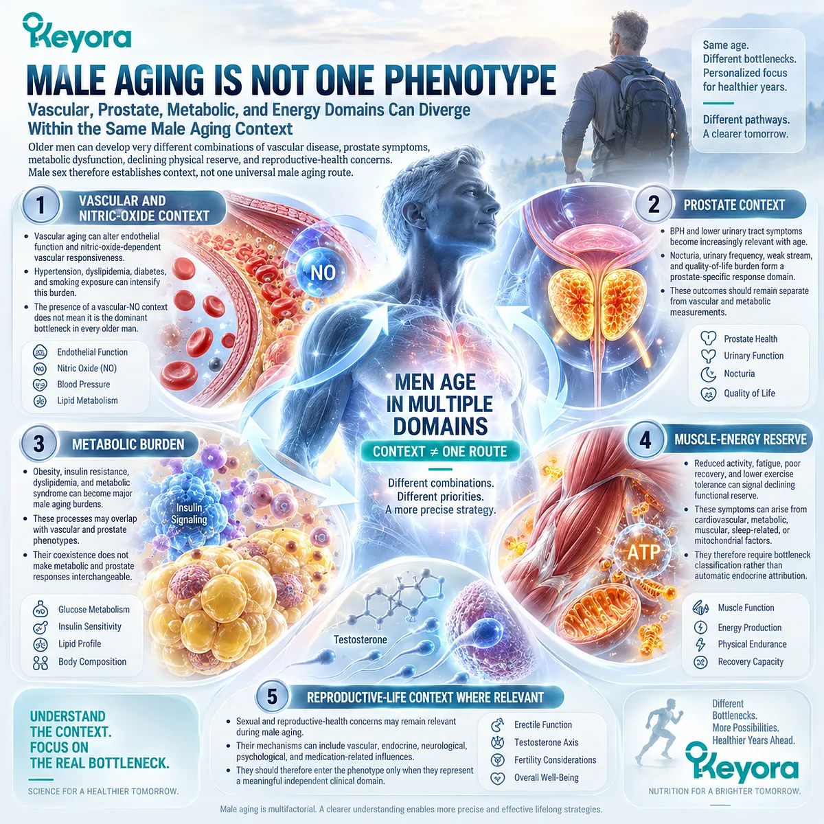 Male aging spans vascular NO signaling, prostate health, metabolic burden and muscle-energy reserve; Keyora Precision Bottleneck Map separates these aging phenotypes. Male aging spans vascular NO signaling, prostate health, metabolic burden and muscle-energy reserve; Keyora Precision Bottleneck Map separates these aging phenotypes.