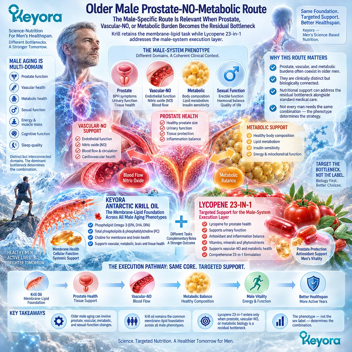 Male aging wellness links prostate health, vascular eNOS/NO signaling and metabolic burden; Keyora maps Krill phospholipid support with a phenotype-specific male route. Male aging wellness links prostate health, vascular eNOS/NO signaling and metabolic burden; Keyora maps Krill phospholipid support with a phenotype-specific male route.