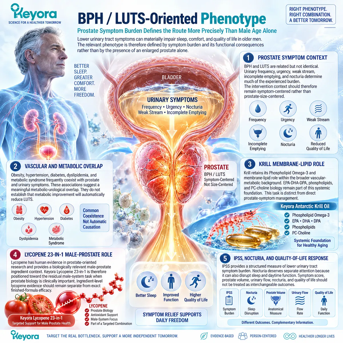 Prostate health and BPH/LUTS wellness depend on urinary symptom burden, metabolic overlap and membrane-lipid context; Keyora maps Krill and Lycopene roles separately. Prostate health and BPH/LUTS wellness depend on urinary symptom burden, metabolic overlap and membrane-lipid context; Keyora maps Krill and Lycopene roles separately.