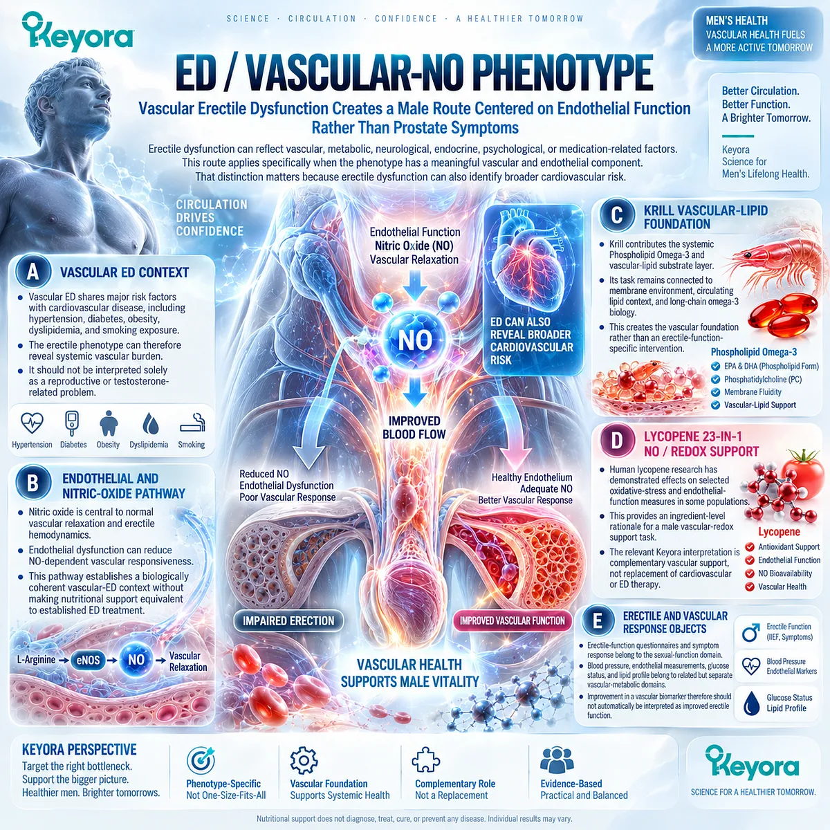 Male vascular wellness links erectile function with endothelial eNOS/NO signaling, metabolic risk and redox balance; Keyora maps Krill and lycopene as complementary support. Male vascular wellness links erectile function with endothelial eNOS/NO signaling, metabolic risk and redox balance; Keyora maps Krill and lycopene as complementary support.