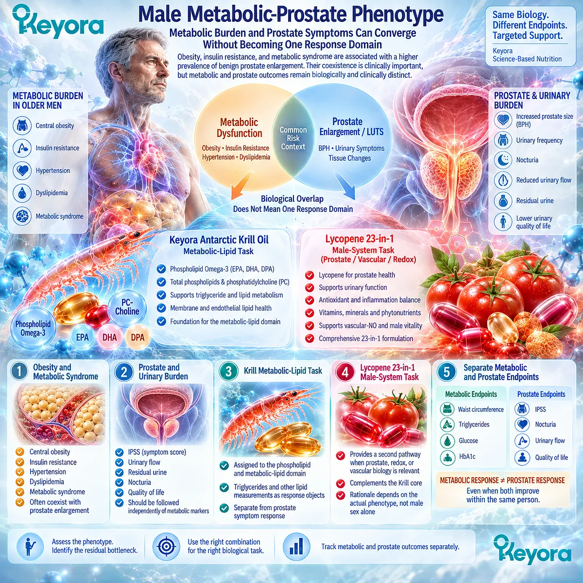 Male metabolic health can overlap with BPH and LUTS through obesity, insulin resistance and dyslipidemia; Keyora maps metabolic-lipid and prostate responses separately. Male metabolic health can overlap with BPH and LUTS through obesity, insulin resistance and dyslipidemia; Keyora maps metabolic-lipid and prostate responses separately.