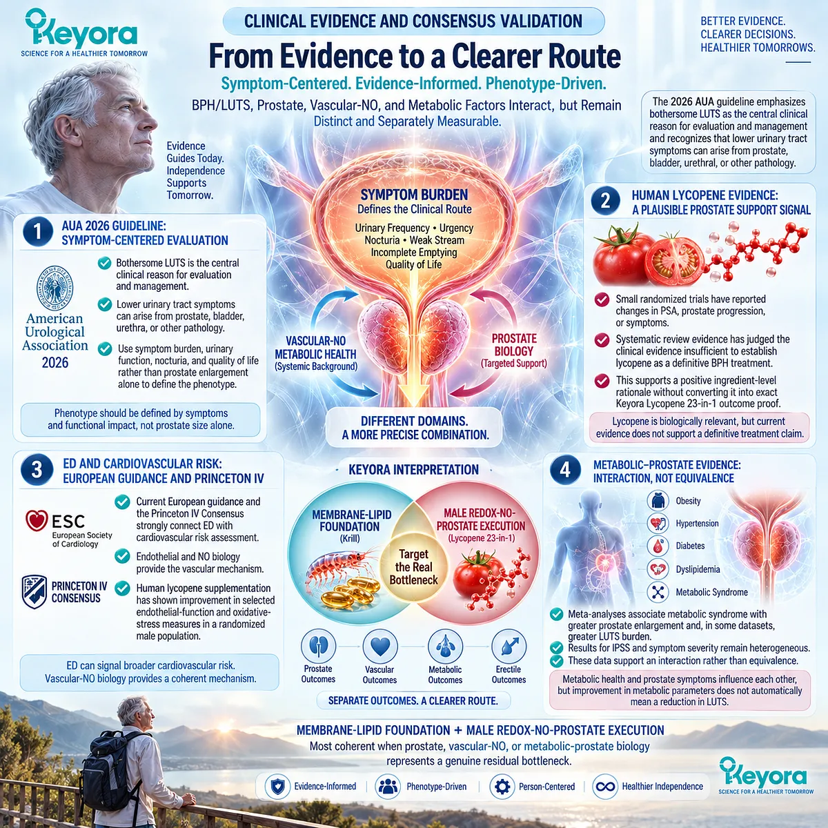 Male prostate health, LUTS and vascular ED link symptom burden with endothelial NO and metabolic risk; Keyora maps membrane-lipid plus redox-NO-prostate support. Male prostate health, LUTS and vascular ED link symptom burden with endothelial NO and metabolic risk; Keyora maps membrane-lipid plus redox-NO-prostate support.