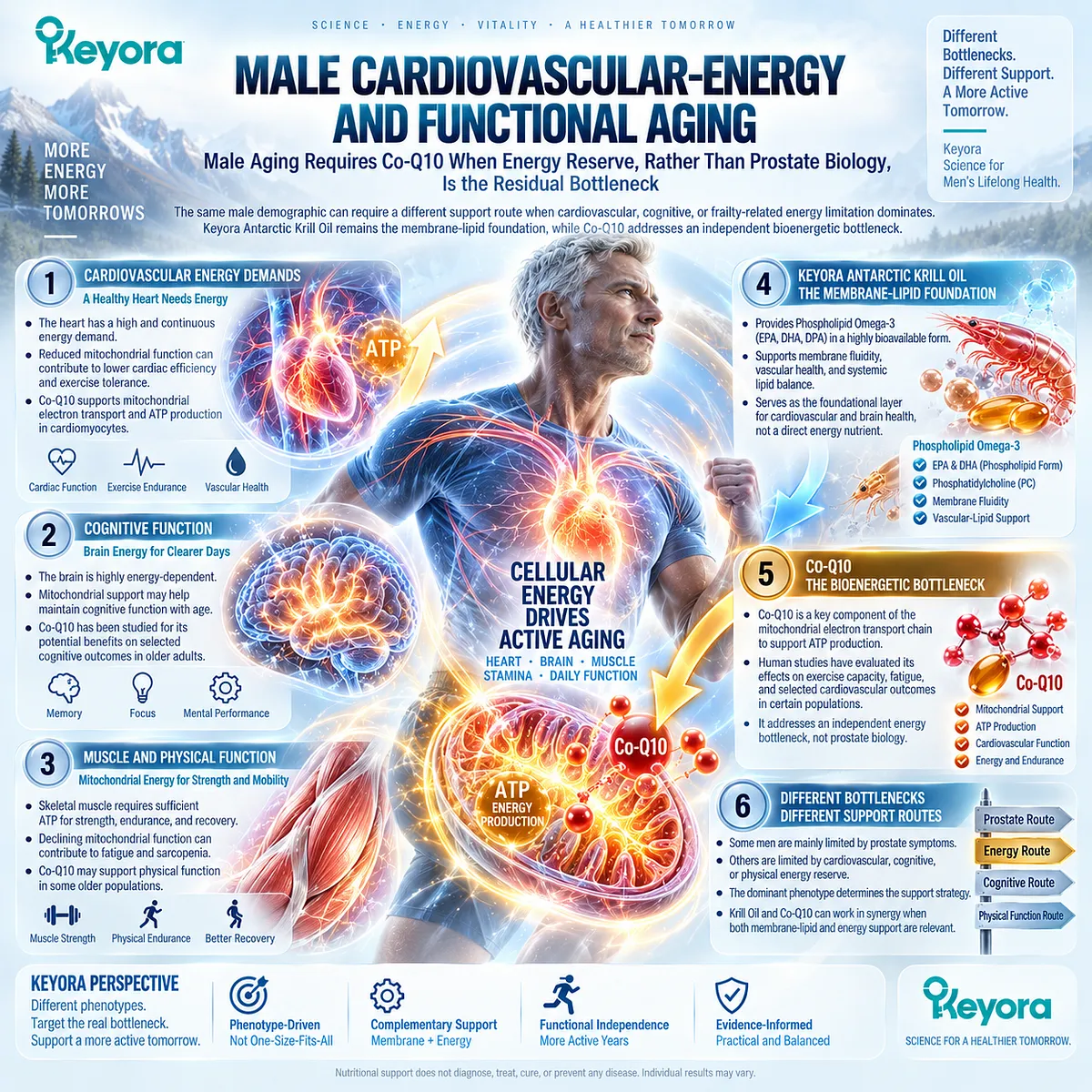 Male aging with fatigue and reduced cardiovascular endurance may reflect mitochondrial energy reserve; Keyora maps Krill membrane lipids with Co-Q10 bioenergetic support. Male aging with fatigue and reduced cardiovascular endurance may reflect mitochondrial energy reserve; Keyora maps Krill membrane lipids with Co-Q10 bioenergetic support.