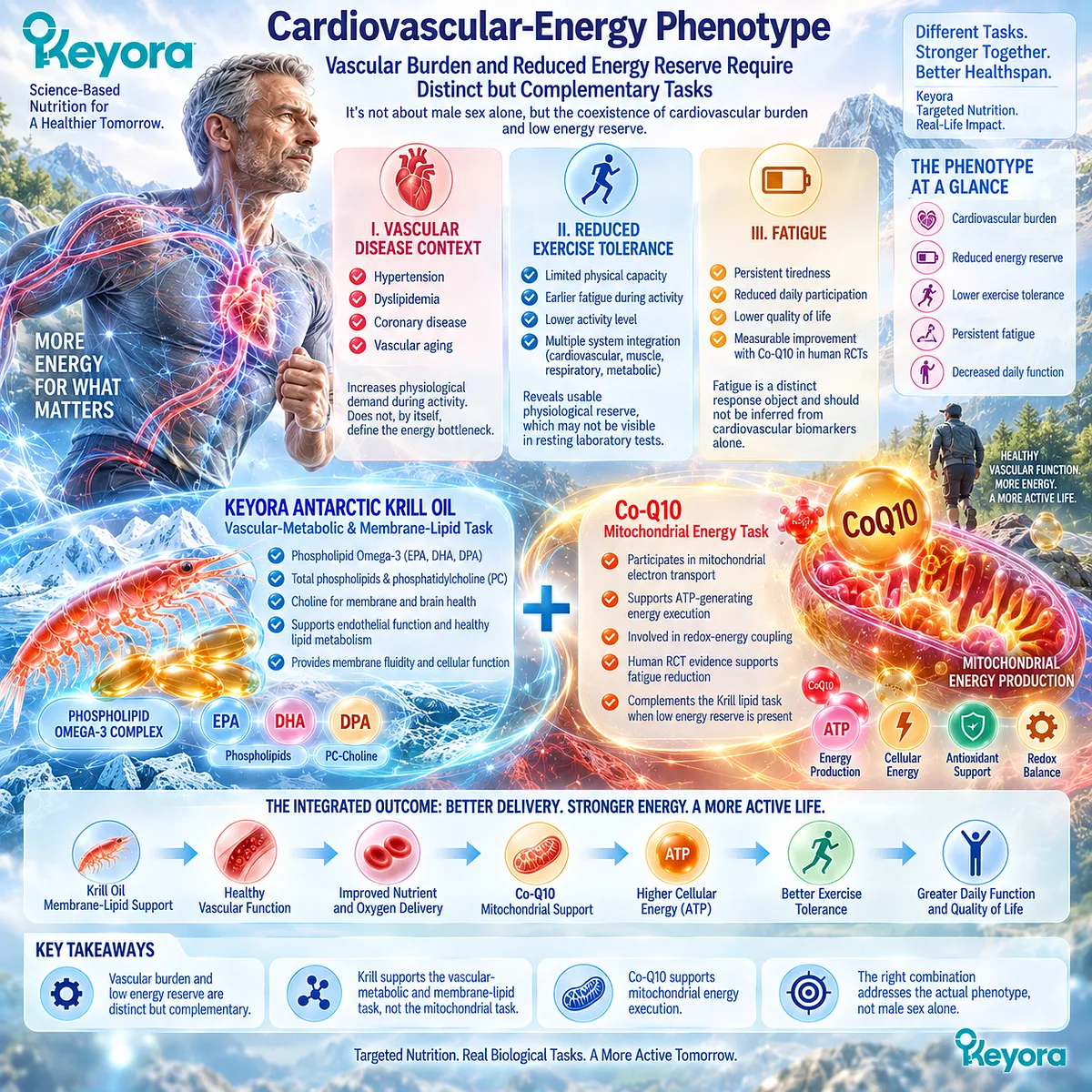 Cardiovascular aging with fatigue and low exercise tolerance links vascular lipids to mitochondrial ATP production; Keyora maps Krill membrane support with Co-Q10 energy execution. Cardiovascular aging with fatigue and low exercise tolerance links vascular lipids to mitochondrial ATP production; Keyora maps Krill membrane support with Co-Q10 energy execution.