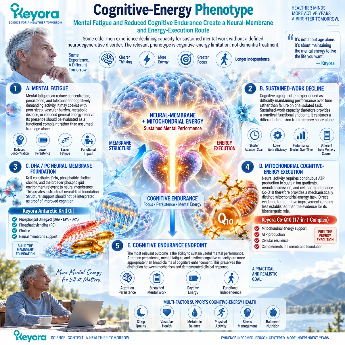 Mental fatigue and cognitive endurance link DHA-PC neural membranes with mitochondrial ATP production; Keyora maps Krill membrane support and Co-Q10 energy execution. Mental fatigue and cognitive endurance link DHA-PC neural membranes with mitochondrial ATP production; Keyora maps Krill membrane support and Co-Q10 energy execution.