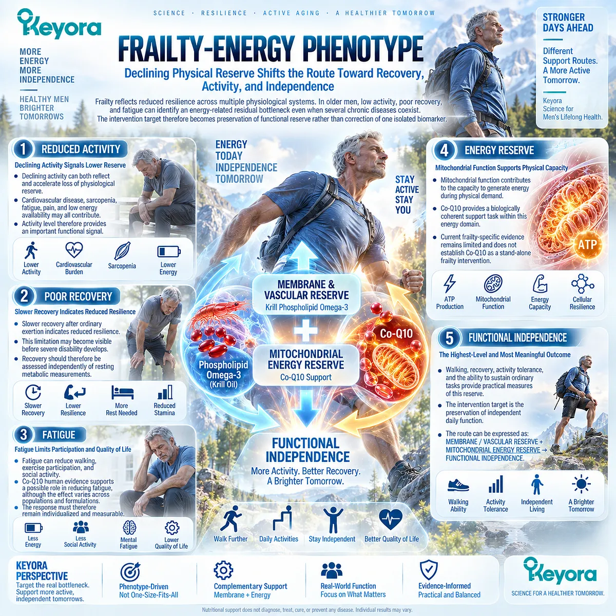 Frailty and healthy aging link vascular membrane reserve with mitochondrial energy, recovery and activity tolerance; Keyora maps these pathways toward functional independence. Frailty and healthy aging link vascular membrane reserve with mitochondrial energy, recovery and activity tolerance; Keyora maps these pathways toward functional independence.