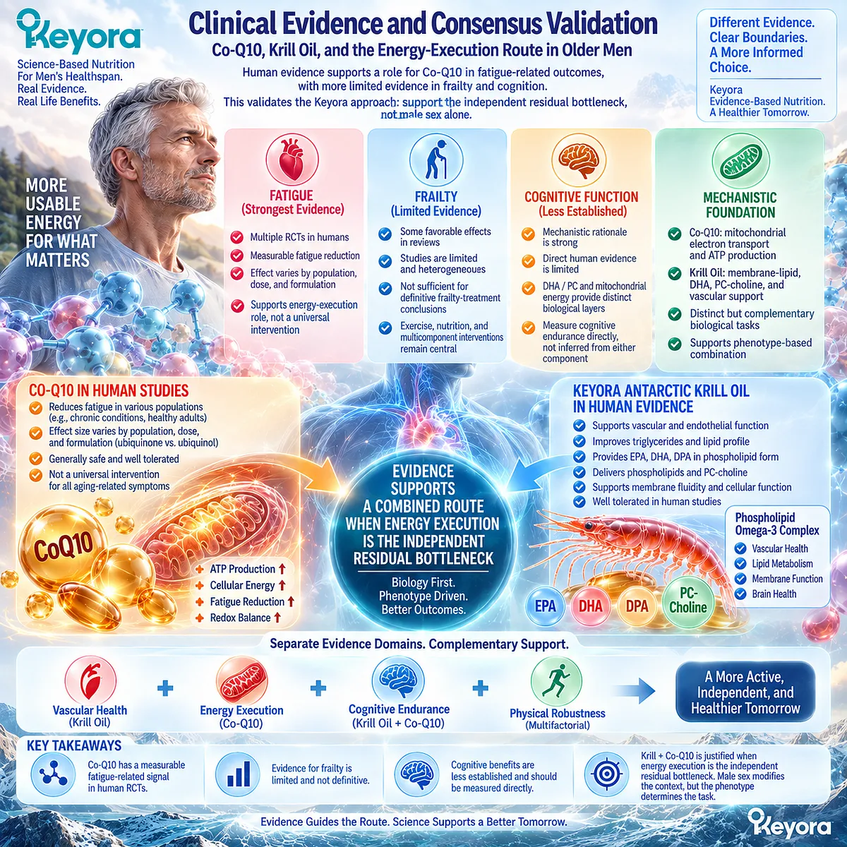 Co-Q10 supports mitochondrial energy and fatigue-related function while Krill provides DHA-PC membrane support; Keyora maps this route to energy-limited aging phenotypes. Co-Q10 supports mitochondrial energy and fatigue-related function while Krill provides DHA-PC membrane support; Keyora maps this route to energy-limited aging phenotypes.