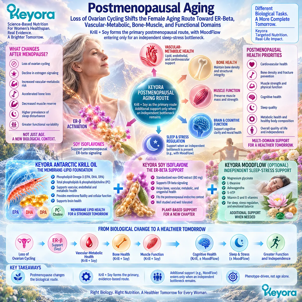 Postmenopause wellness shifts toward ER-β signaling, vascular-metabolic health and bone-muscle reserve; Keyora maps Krill membrane lipids with Soy Isoflavone support. Postmenopause wellness shifts toward ER-β signaling, vascular-metabolic health and bone-muscle reserve; Keyora maps Krill membrane lipids with Soy Isoflavone support.