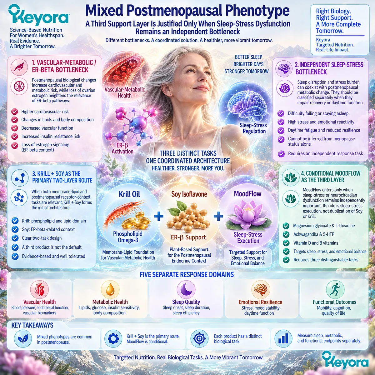 Postmenopause wellness can combine ER-β, vascular-metabolic and sleep-stress bottlenecks; Keyora maps Krill + Soy with conditional MoodFlow neurocircadian support. Postmenopause wellness can combine ER-β, vascular-metabolic and sleep-stress bottlenecks; Keyora maps Krill + Soy with conditional MoodFlow neurocircadian support.