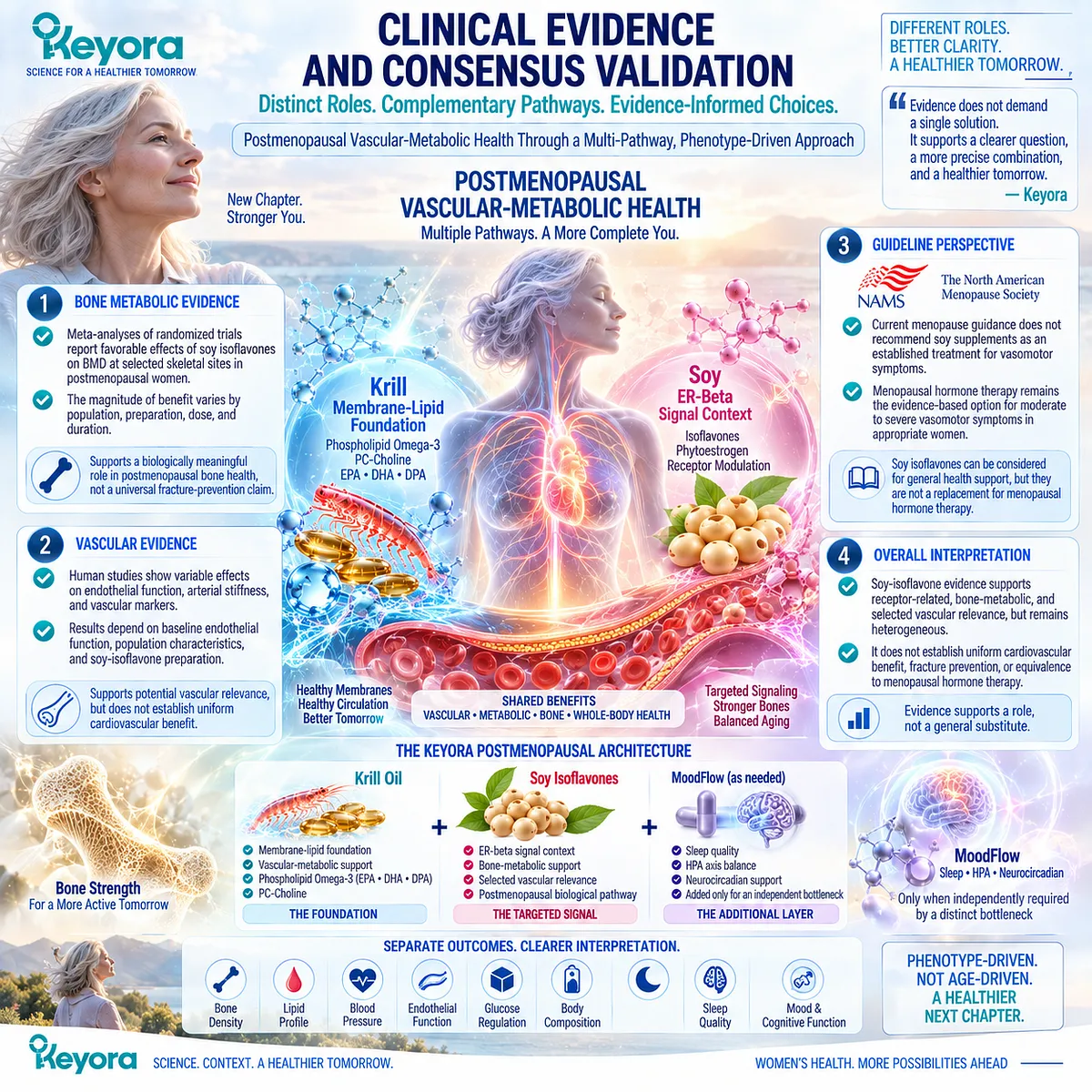 Postmenopause evidence links soy ER-β signaling with bone-metabolic and selected vascular support; Keyora maps Krill, Soy and conditional MoodFlow by distinct bottlenecks. Postmenopause evidence links soy ER-β signaling with bone-metabolic and selected vascular support; Keyora maps Krill, Soy and conditional MoodFlow by distinct bottlenecks.