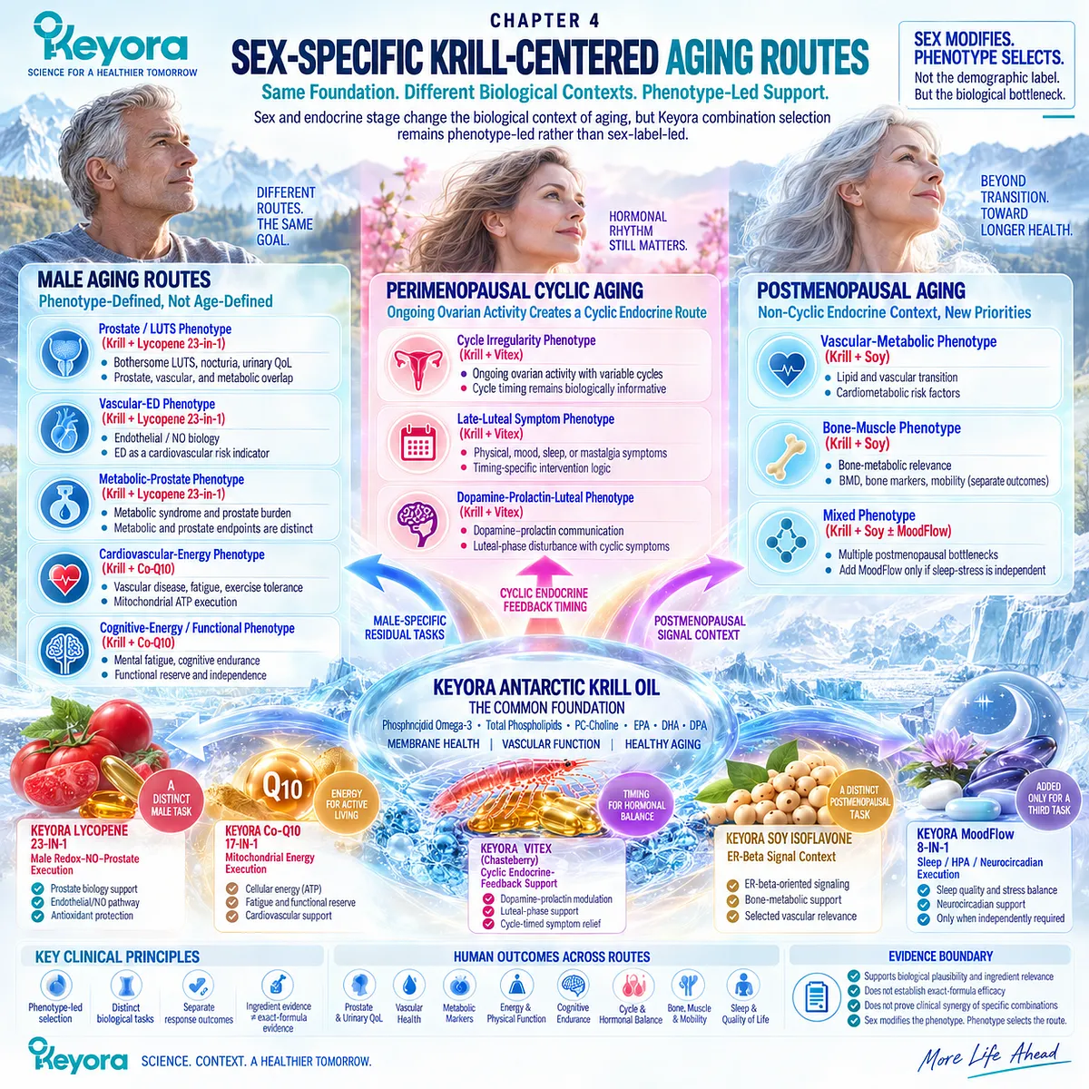 Sex-specific aging routes link prostate-NO, mitochondrial energy, cyclic endocrine feedback and ER-β signaling; Keyora maps each phenotype around a Krill core. Sex-specific aging routes link prostate-NO, mitochondrial energy, cyclic endocrine feedback and ER-β signaling; Keyora maps each phenotype around a Krill core.