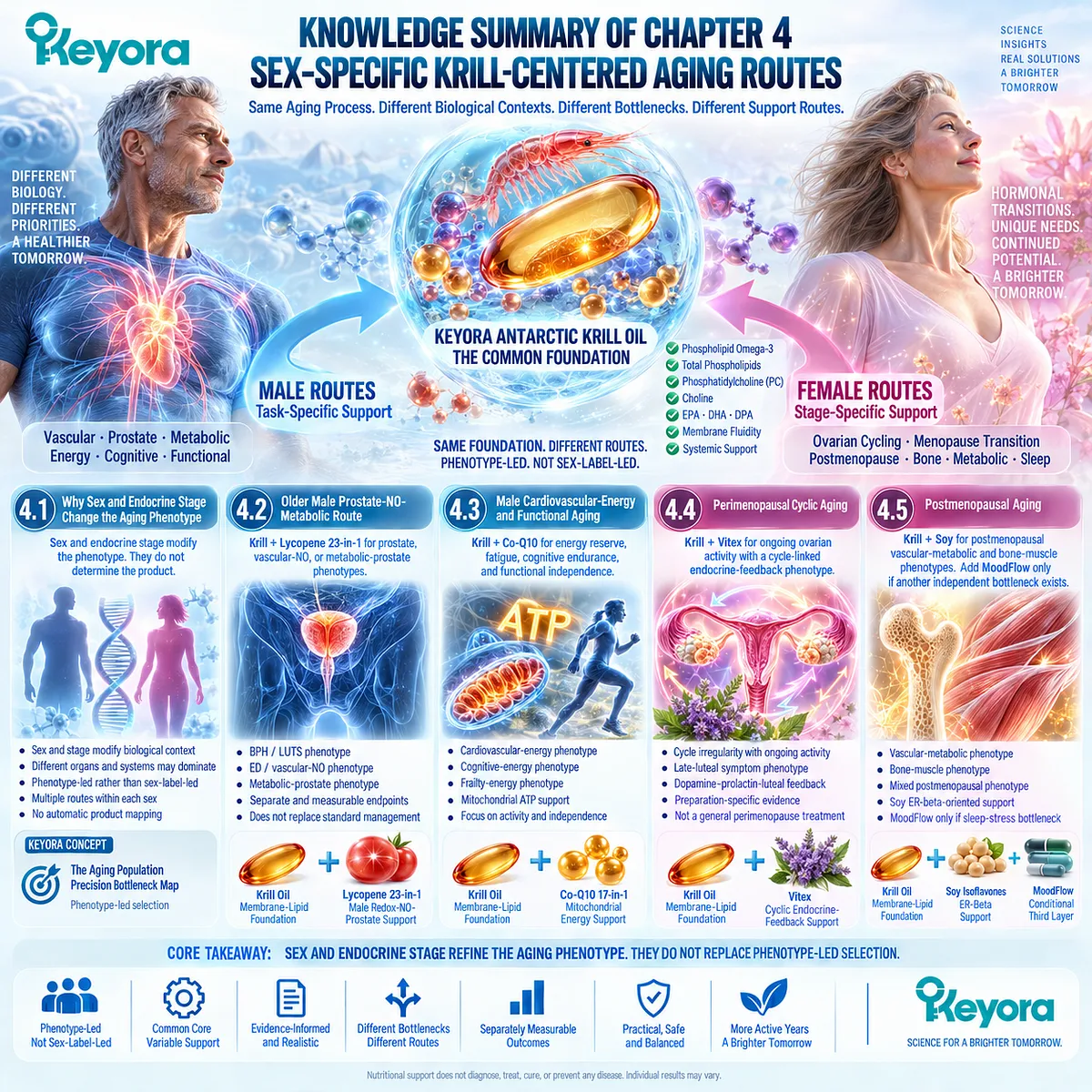 Sex-specific aging routes link prostate-NO, mitochondrial energy, cyclic endocrine feedback and ER-β signaling; Keyora maps each phenotype around a Krill core. Sex-specific aging routes link prostate-NO, mitochondrial energy, cyclic endocrine feedback and ER-β signaling; Keyora maps each phenotype around a Krill core.