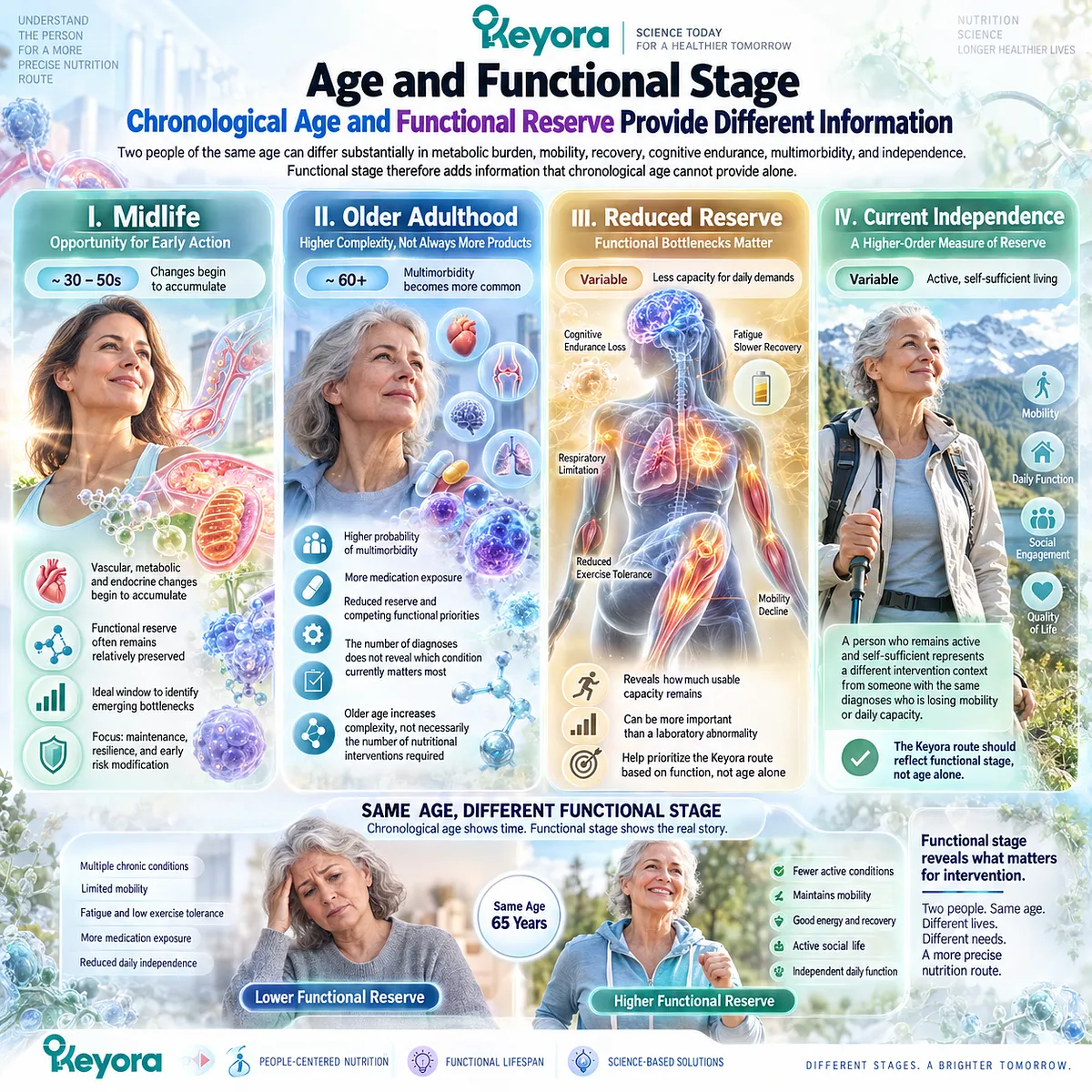 Healthy aging nutrition links chronological age with mobility, recovery, cognitive endurance and functional reserve to guide Keyora’s Krill-Centered Aging Architecture. Healthy aging nutrition links chronological age with mobility, recovery, cognitive endurance and functional reserve to guide Keyora’s Krill-Centered Aging Architecture.