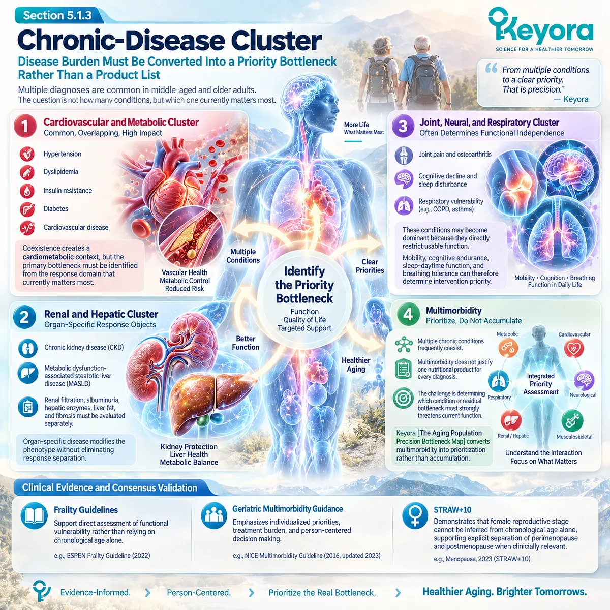 Healthy aging nutrition converts cardiometabolic, renal, joint, neural and respiratory multimorbidity into priority bottlenecks using Keyora’s Precision Bottleneck Map. Healthy aging nutrition converts cardiometabolic, renal, joint, neural and respiratory multimorbidity into priority bottlenecks using Keyora’s Precision Bottleneck Map.