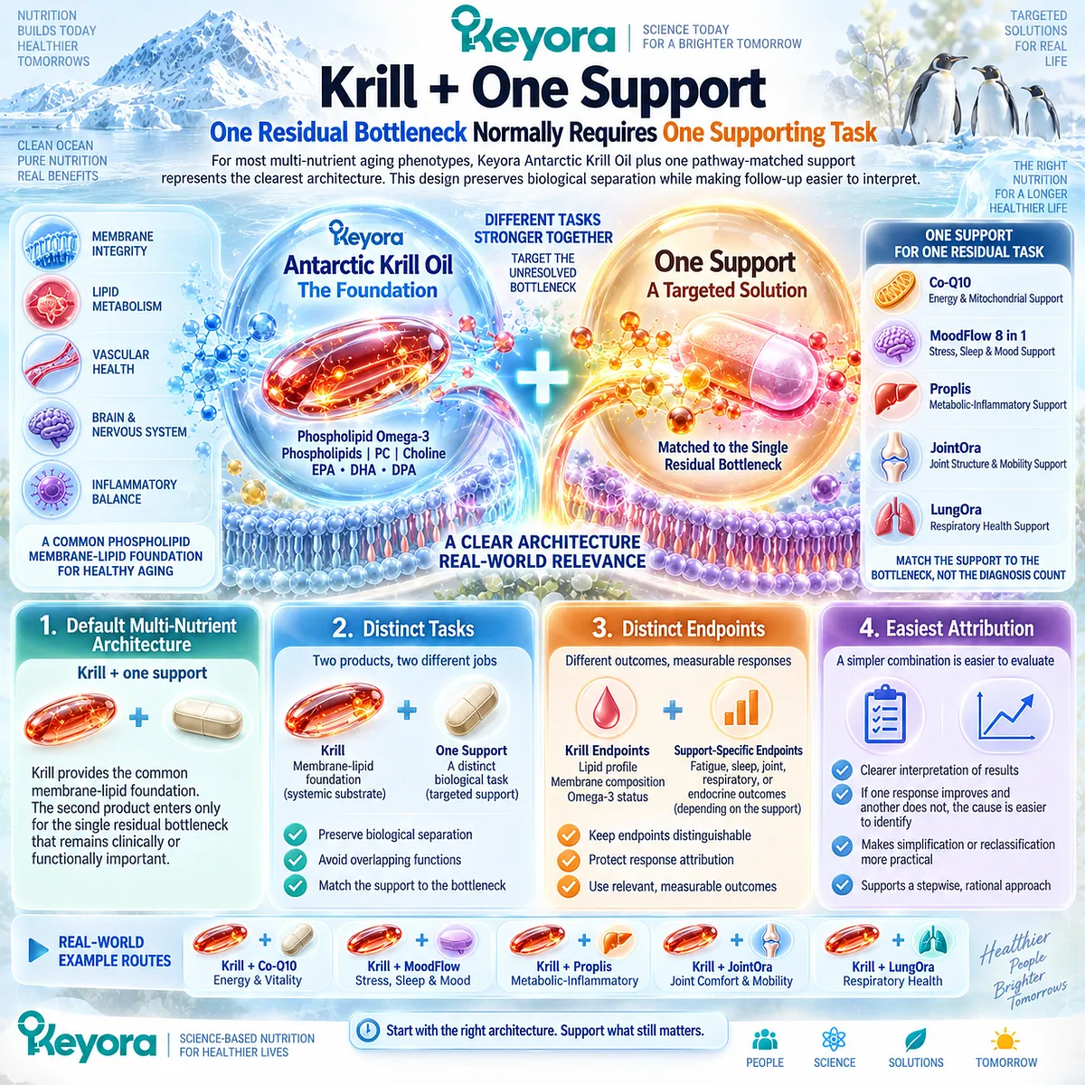 Healthy aging nutrition pairs Phospholipid Omega-3 with one pathway-matched support for one residual bottleneck under Keyora’s Smallest Complete Combination Rule. Healthy aging nutrition pairs Phospholipid Omega-3 with one pathway-matched support for one residual bottleneck under Keyora’s Smallest Complete Combination Rule.