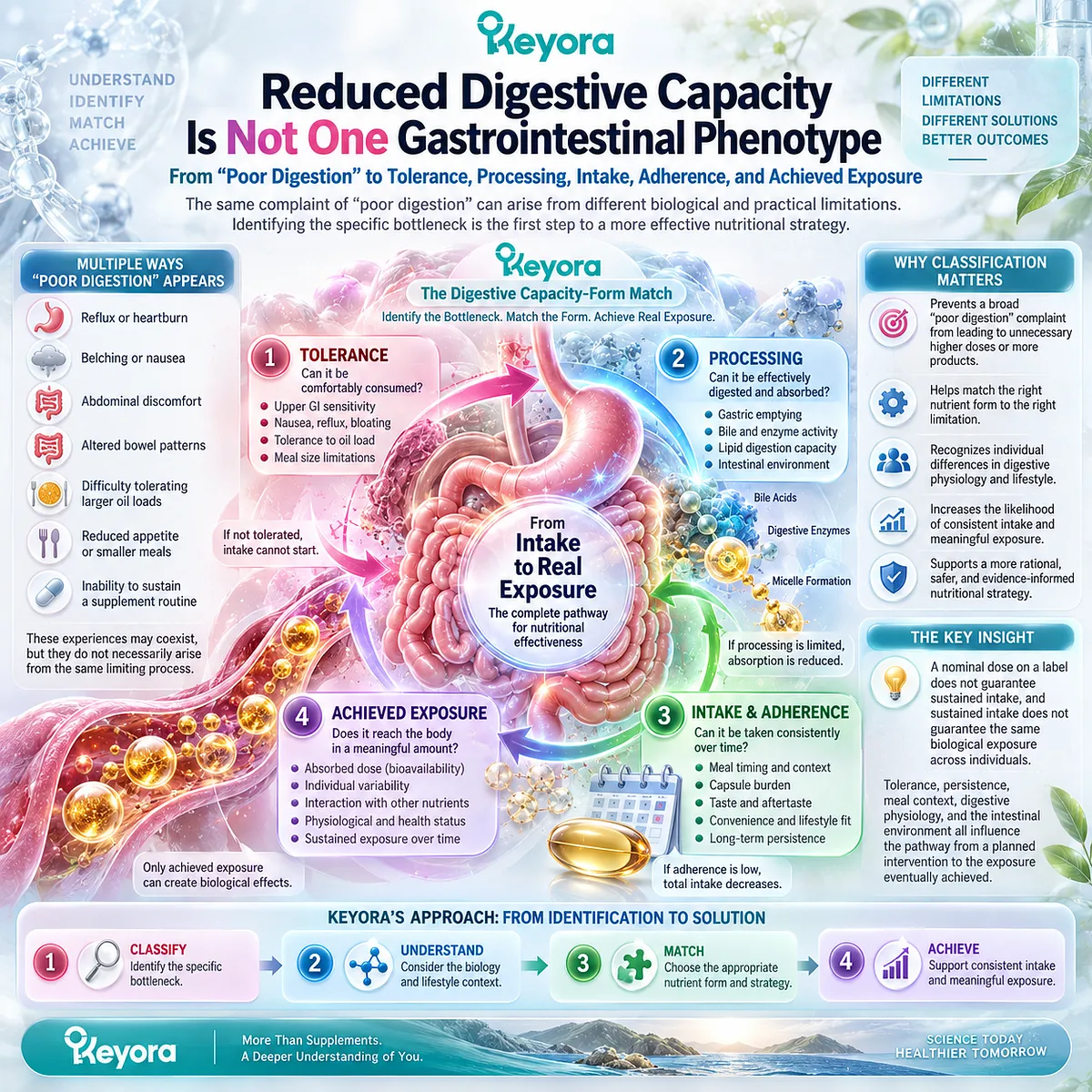 Digestive tolerance, lipid processing, meal size and adherence govern achieved nutrient exposure in Keyora The Digestive Capacity-Form Match framework. Digestive tolerance, lipid processing, meal size and adherence govern achieved nutrient exposure in Keyora The Digestive Capacity-Form Match framework.
