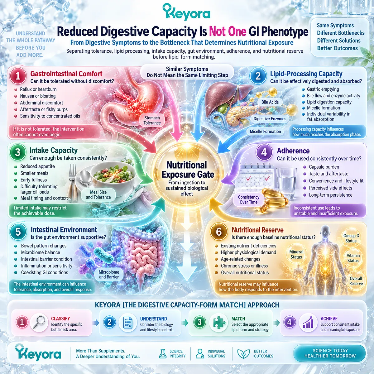Digestive symptoms can reflect tolerance, lipid processing, intake, gut environment or adherence bottlenecks in Keyora The Digestive Capacity-Form Match. Digestive symptoms can reflect tolerance, lipid processing, intake, gut environment or adherence bottlenecks in Keyora The Digestive Capacity-Form Match.